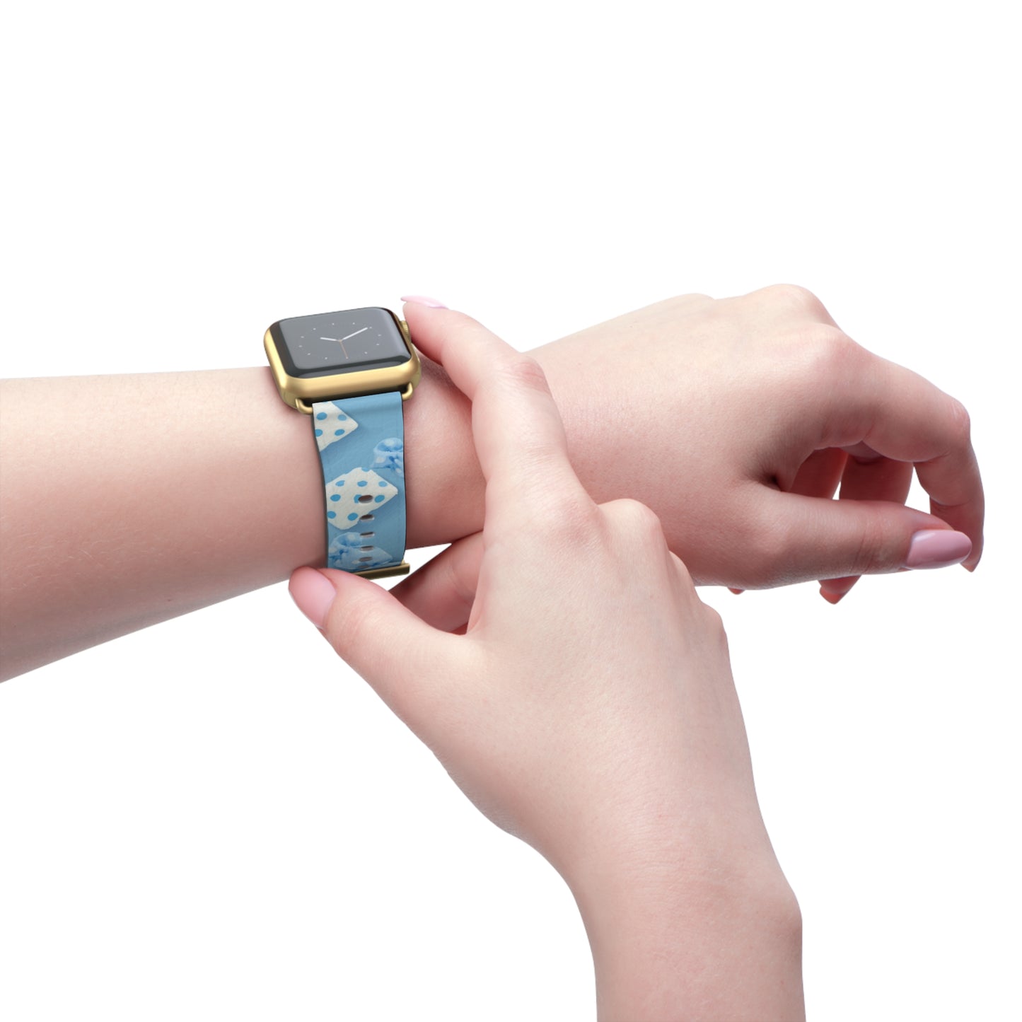 Apple Watch strap in pastel blue candy style, colorful accessory for everyday wear, faux-leather band with steel buckle