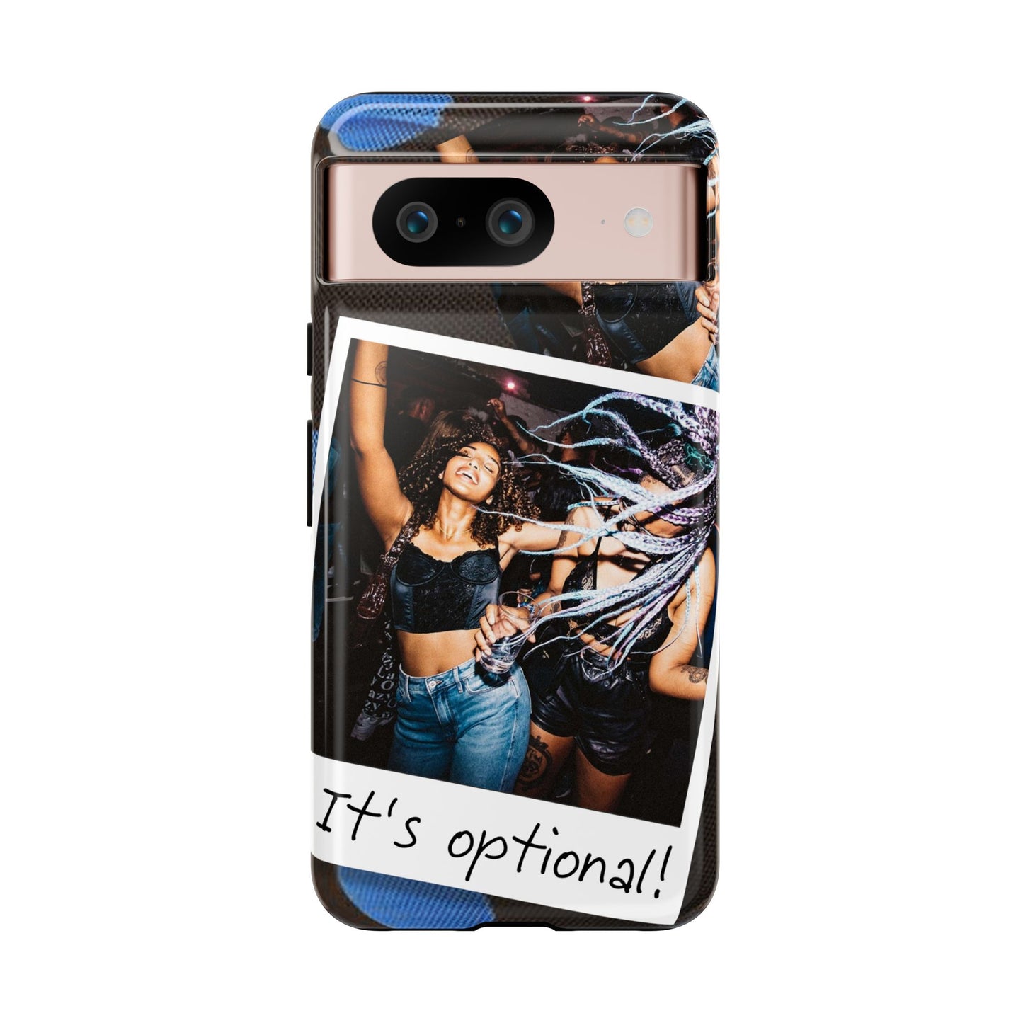 Two Image Personalised Polaroid Photo on Blue Polka Dot Protective Tough Case for Apple iPhone, Samsung Galaxy and Google Pixel.