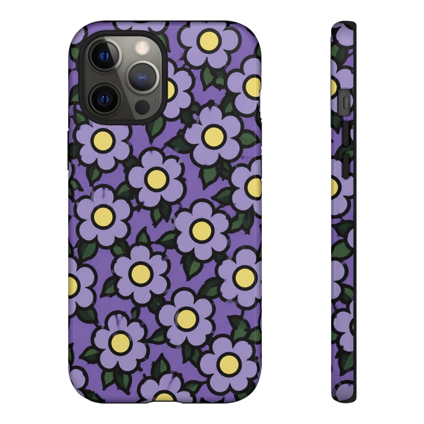 Purple Floral Tough Phone Case — Durable Protective Phone Cover with Cute Daisy Pattern