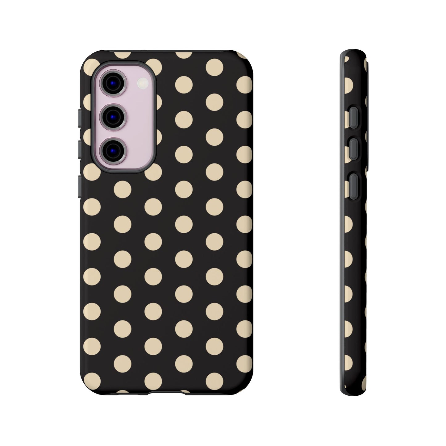 Polka Dot Tough Phone Case — Black with Cream Dots, Protective Slim Phone Cover
