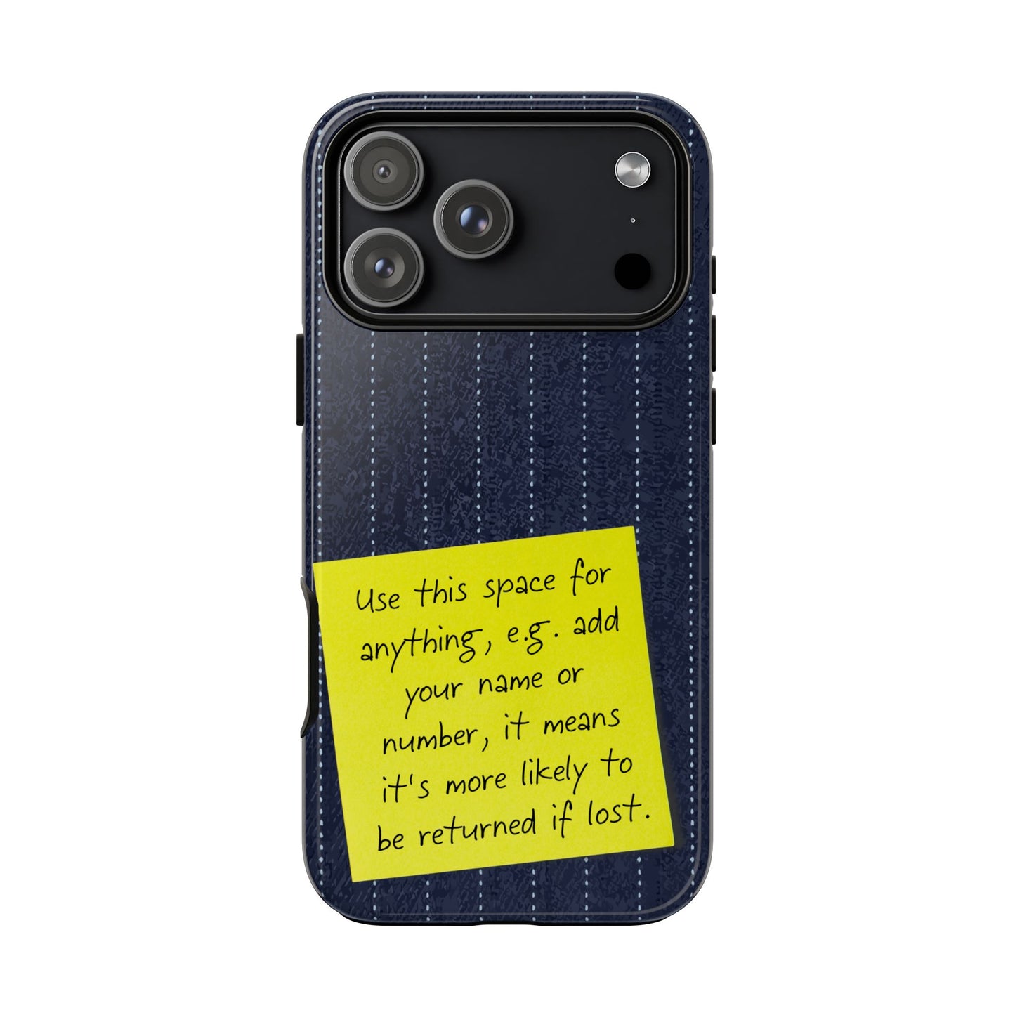 Navy Pinstripe Design with Yellow Sticky Note Personalised Tough Phone Case for Apple iPhone, Samsung Galaxy and Google Pixel.