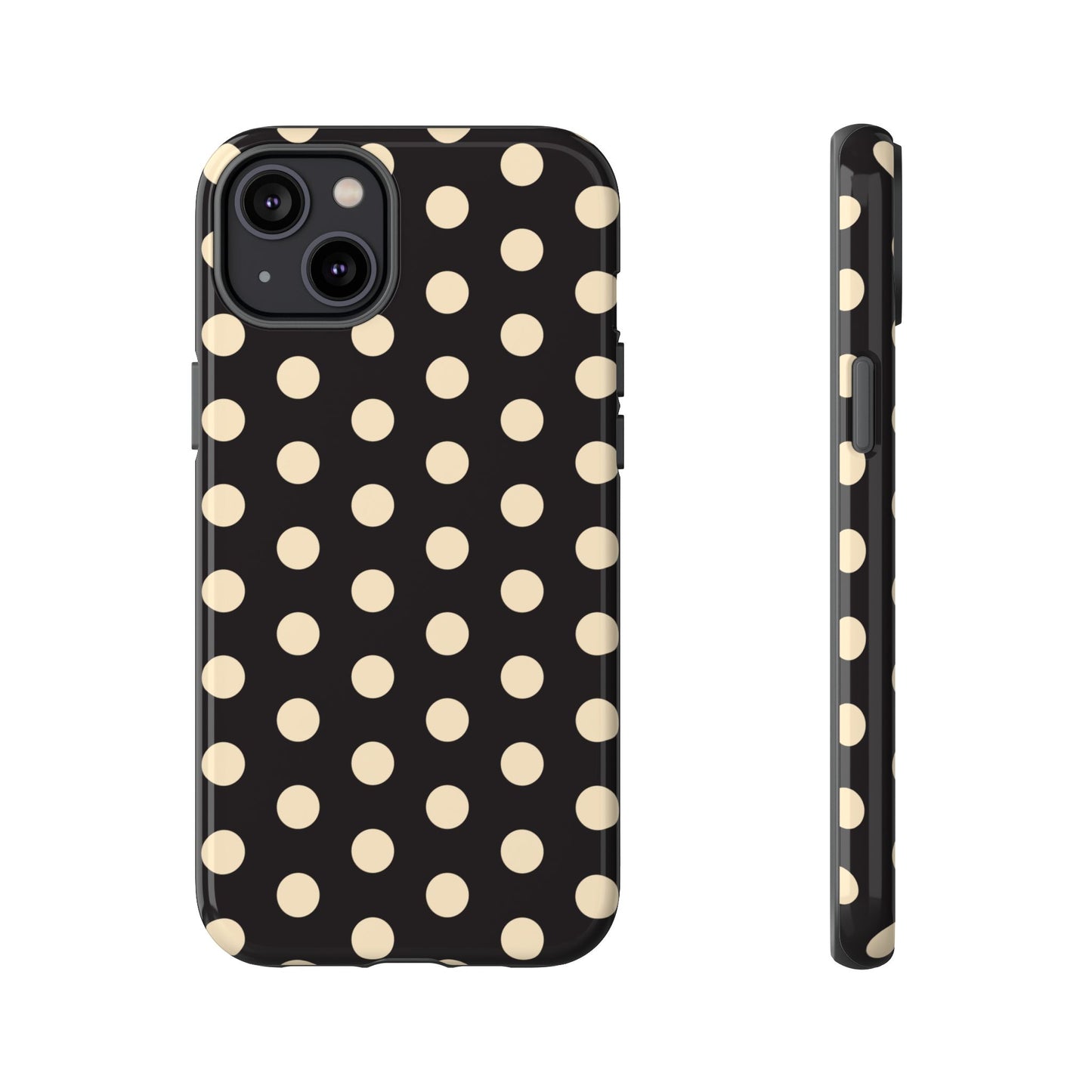 Polka Dot Tough Phone Case — Black with Cream Dots, Protective Slim Phone Cover