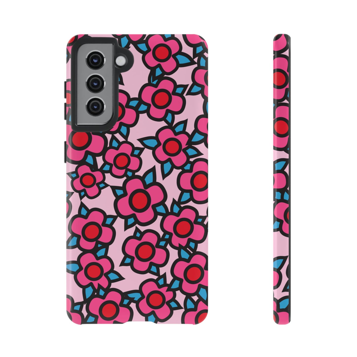 Floral Pink Tough Phone Case — Retro Red & Teal Flower Pattern