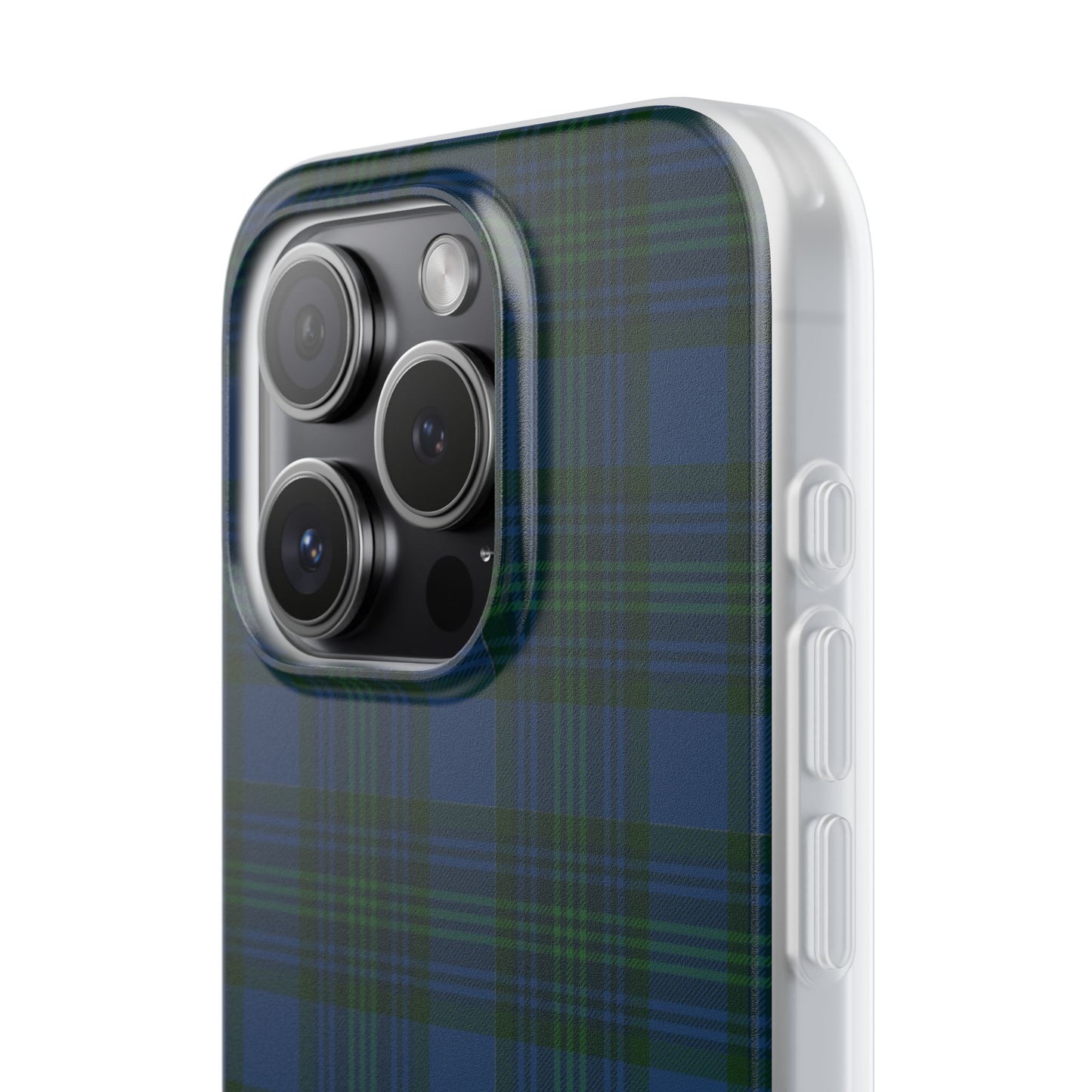Navy green tartan phone case with flexible plaid design, slim shock-absorbing TPU, semi-transparent matte finish
