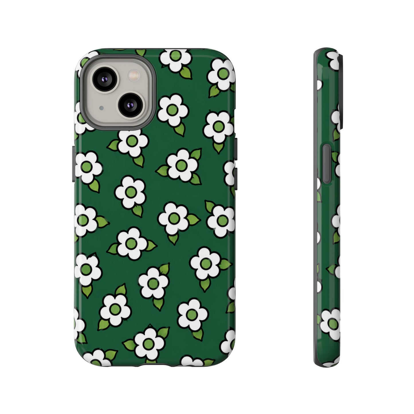 Floral Tough Case — Green White Daisy Protective Phone Cover