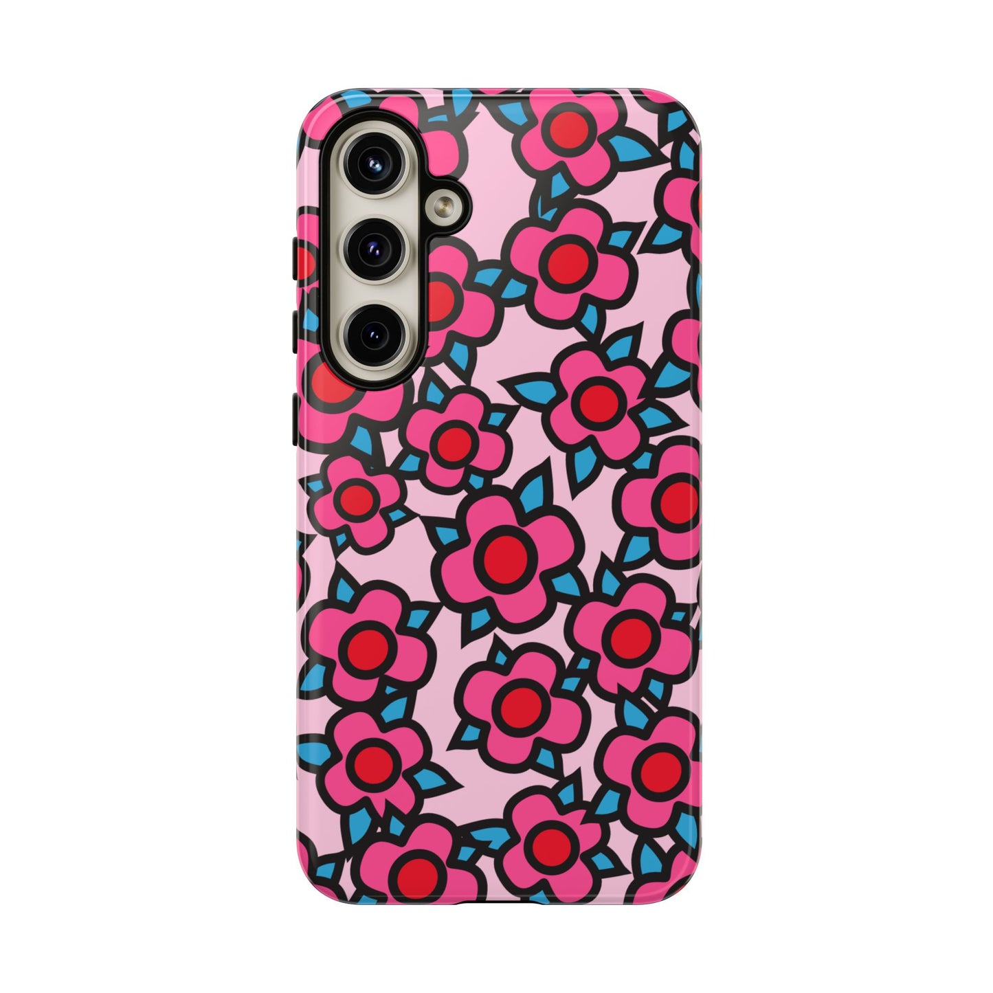 Floral Pink Tough Phone Case — Retro Red & Teal Flower Pattern