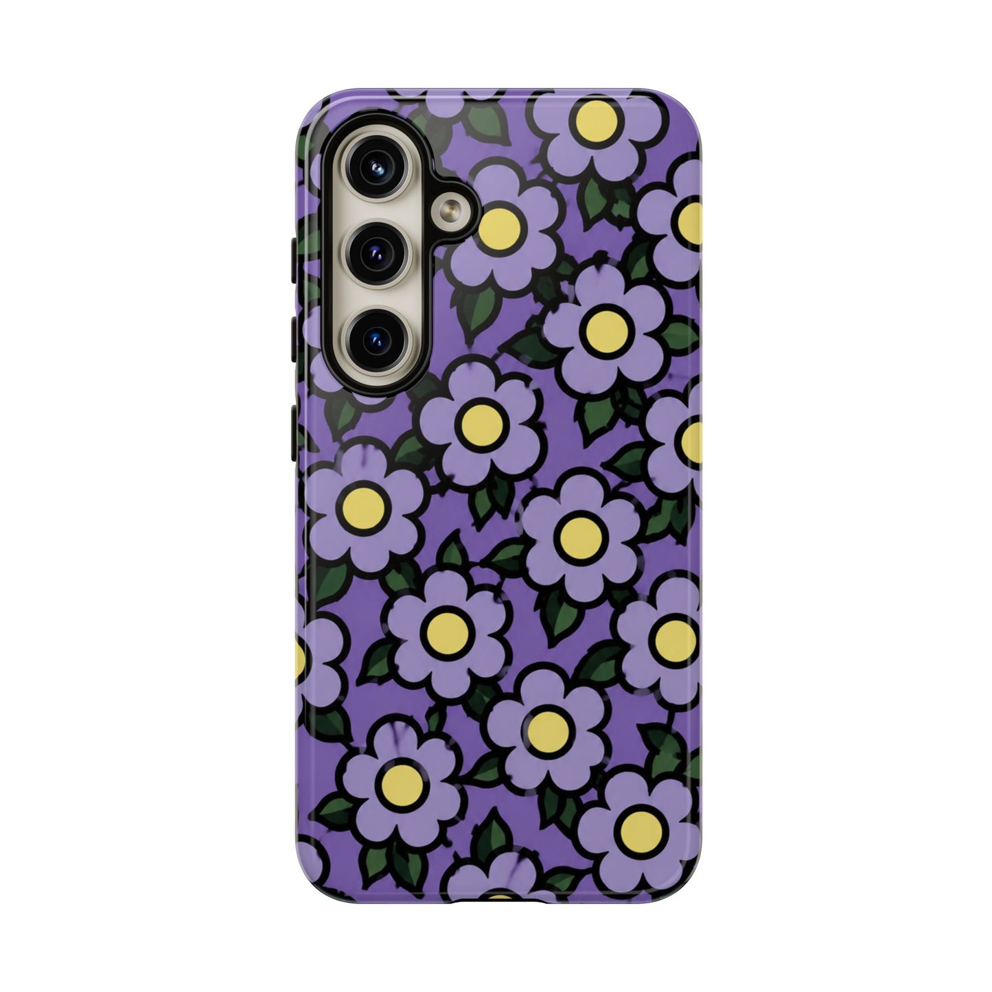 Purple Floral Tough Phone Case — Durable Protective Phone Cover with Cute Daisy Pattern