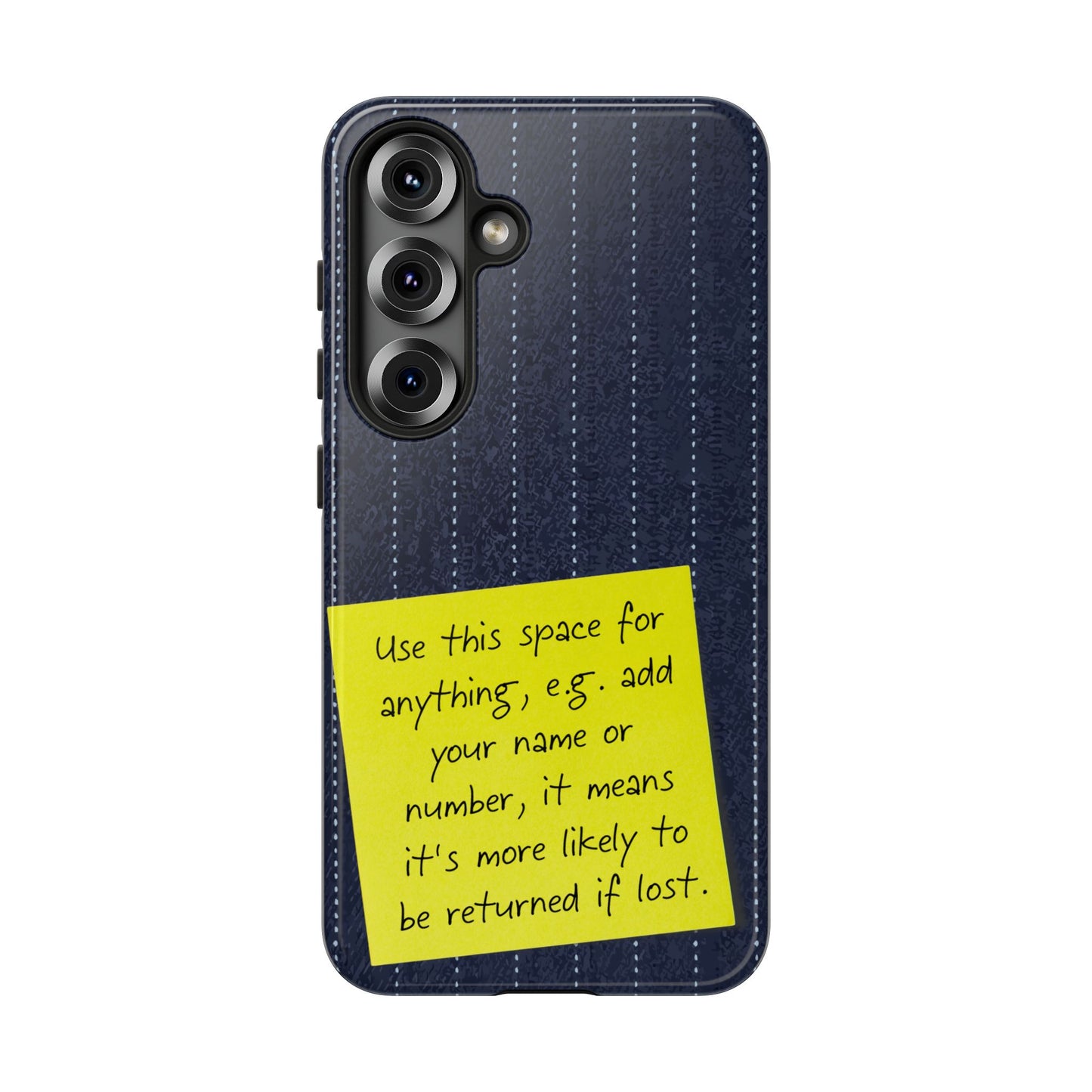 Navy Pinstripe Design with Yellow Sticky Note Personalised Tough Phone Case for Apple iPhone, Samsung Galaxy and Google Pixel.