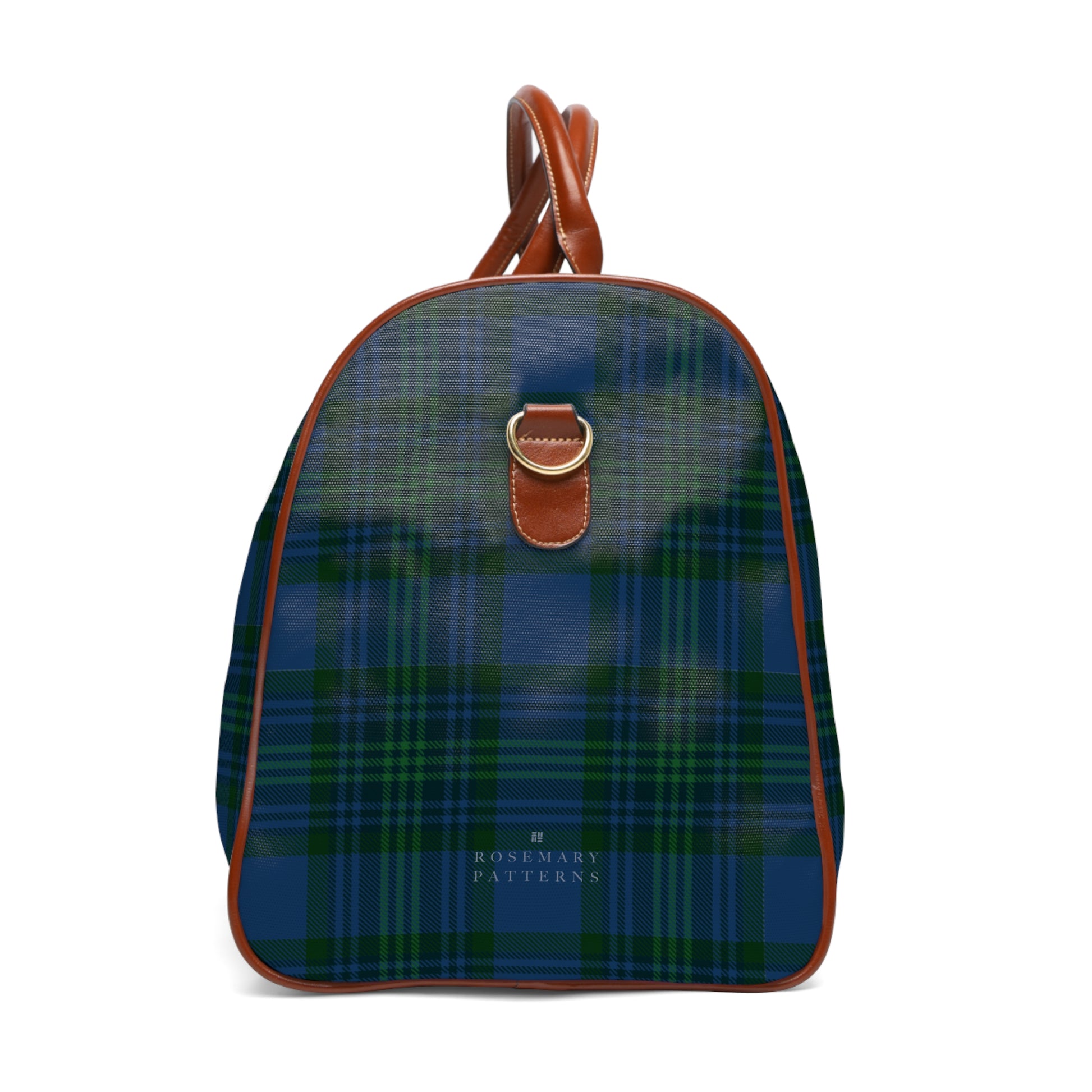 Tartan weekender bag with brown leather handles, waterproof duffel, perfect as a stylish airport carryon