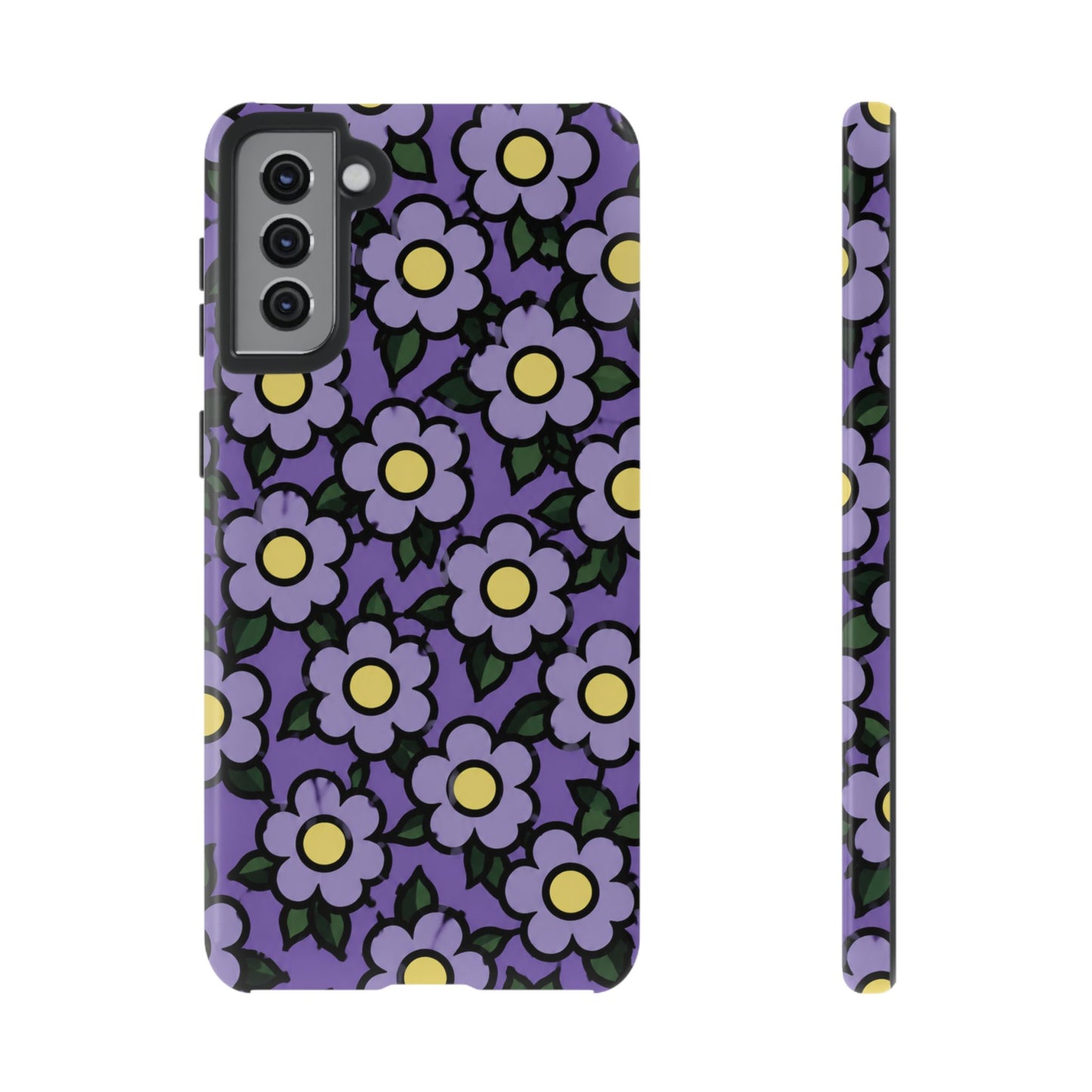 Purple Floral Tough Phone Case — Durable Protective Phone Cover with Cute Daisy Pattern