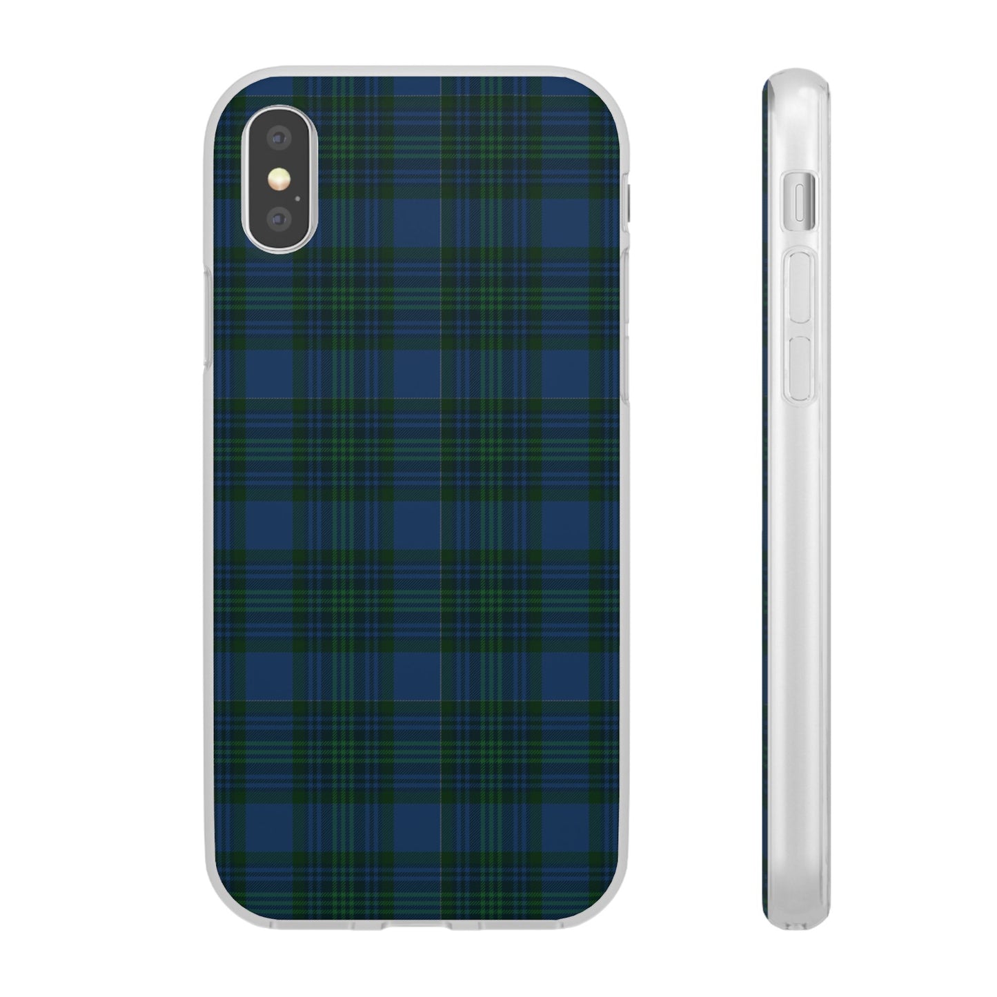 Navy green tartan phone case with flexible plaid design, slim shock-absorbing TPU, semi-transparent matte finish