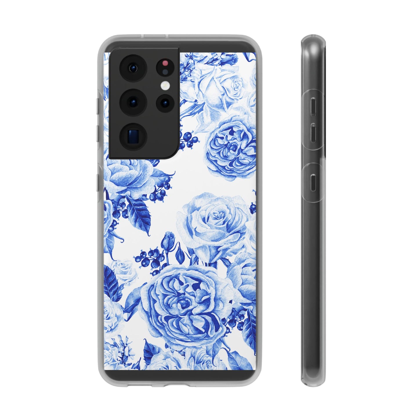 Blue Floral Phone Case — Hand-Painted Rose Pattern Flexi Case for Apple iPhone, Samsung Galaxy and Google Pixel.