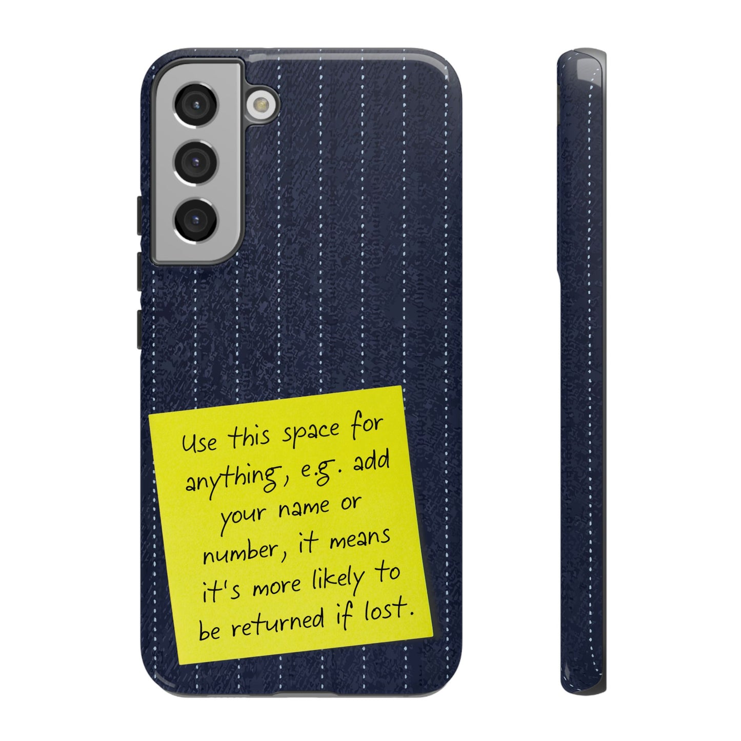 Navy Pinstripe Design with Yellow Sticky Note Personalised Tough Phone Case for Apple iPhone, Samsung Galaxy and Google Pixel.