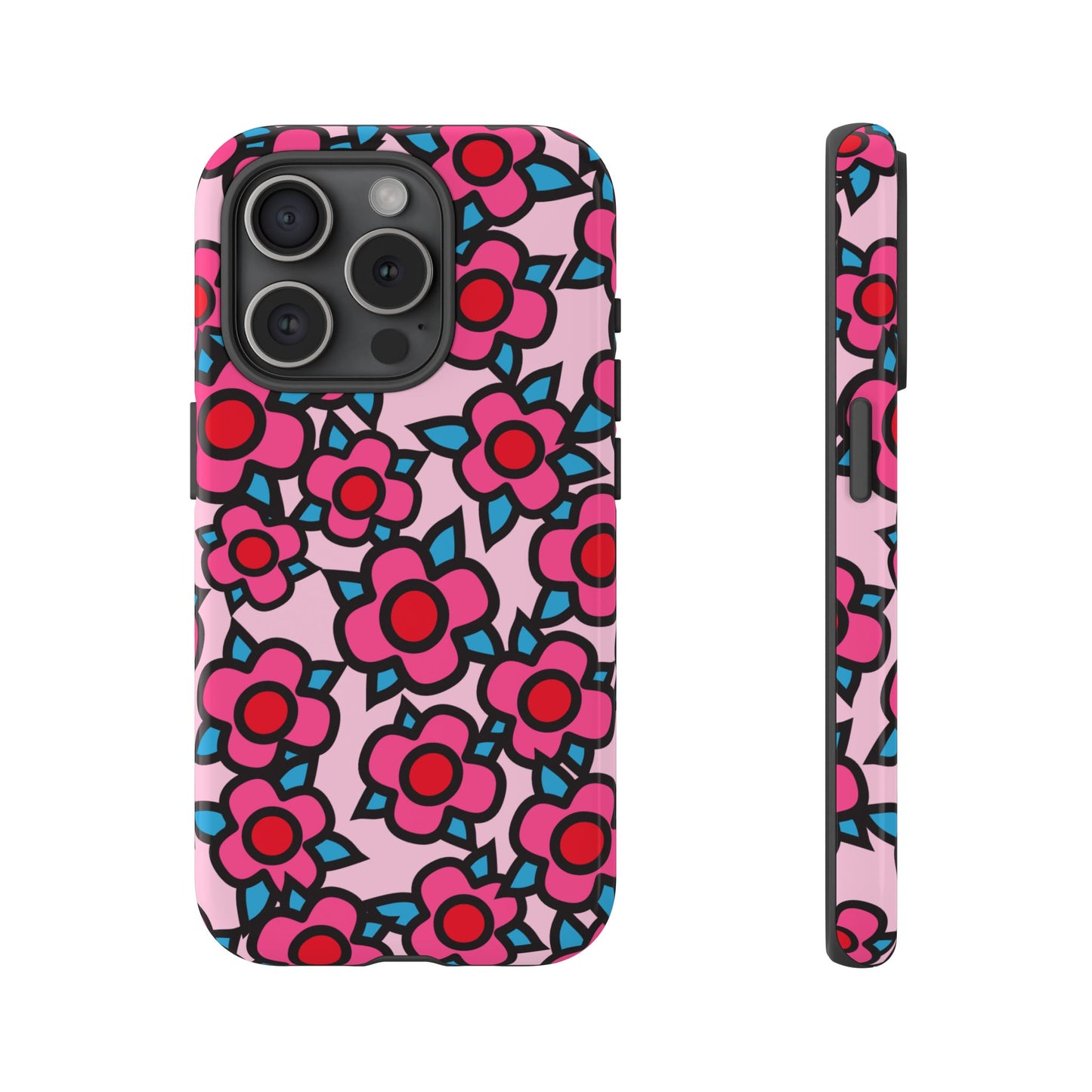 Floral Pink Tough Phone Case — Retro Red & Teal Flower Pattern