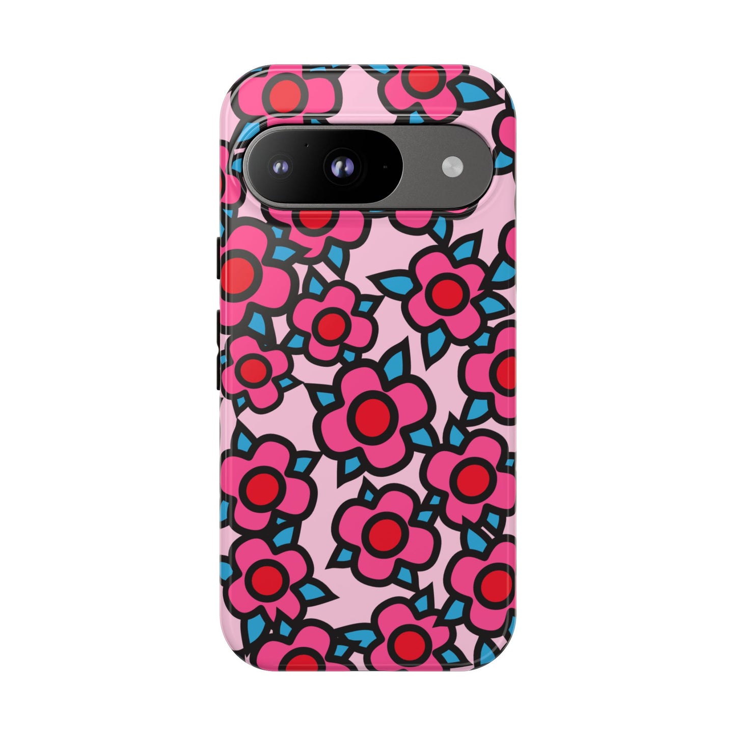 Floral Pink Tough Phone Case — Retro Red & Teal Flower Pattern