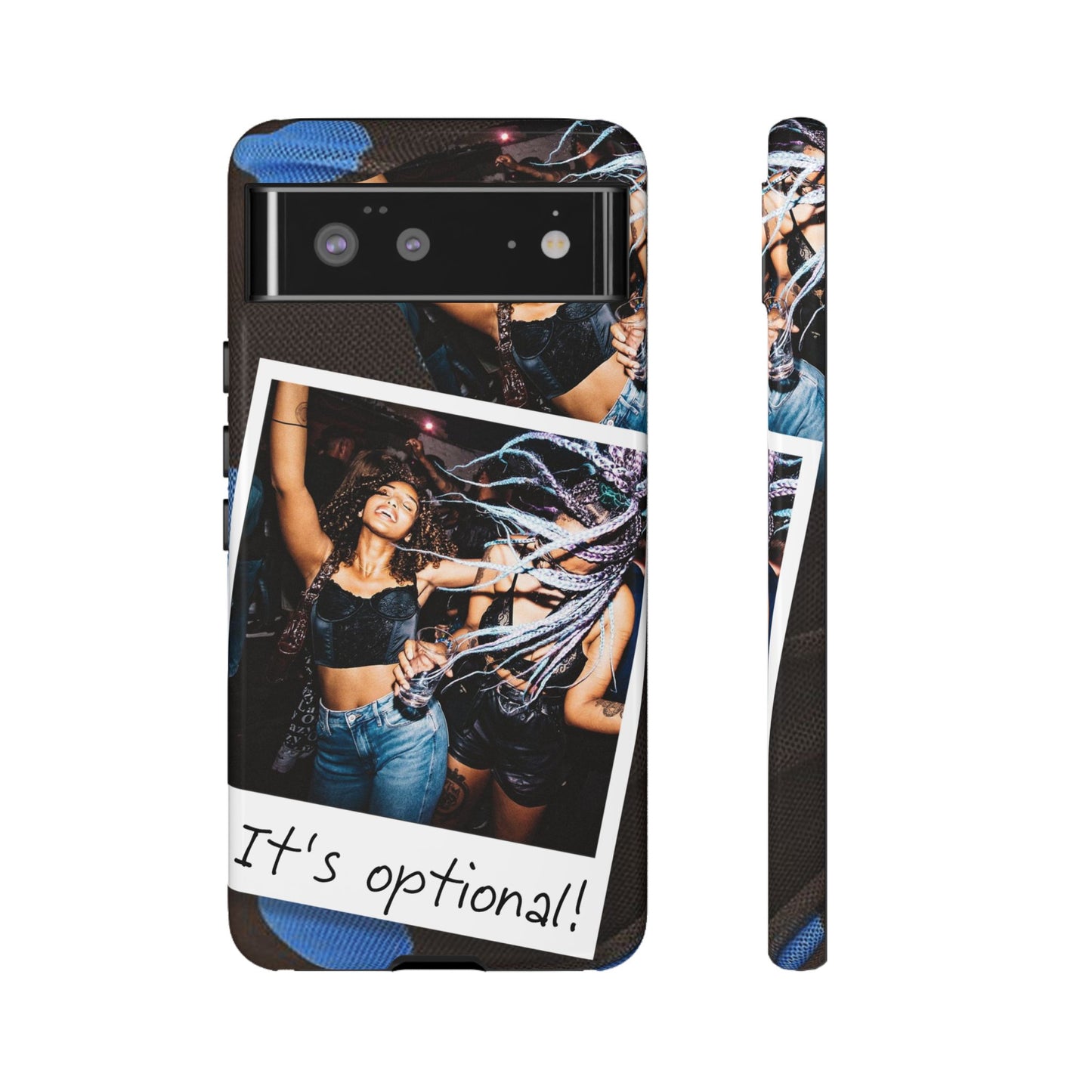 Two Image Personalised Polaroid Photo on Blue Polka Dot Protective Tough Case for Apple iPhone, Samsung Galaxy and Google Pixel.