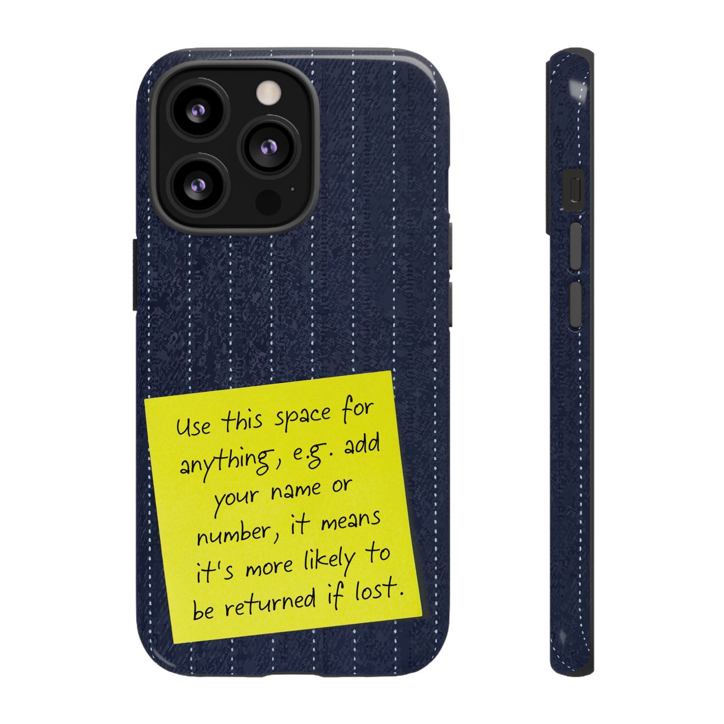 Navy Pinstripe Design with Yellow Sticky Note Personalised Tough Phone Case for Apple iPhone, Samsung Galaxy and Google Pixel.