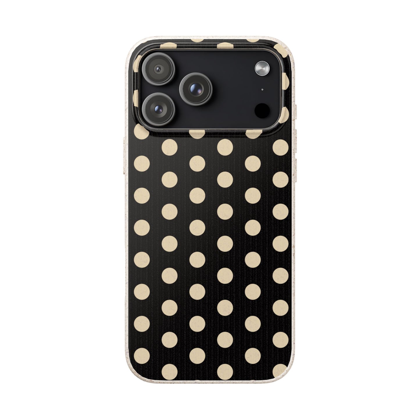 Eco-Friendly Black & Cream Polka Dot Pattern Biodegradable Phone Case for Apple iPhone and Samsung Galaxy.