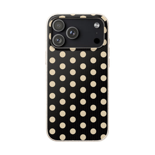 Eco-Friendly Black & Cream Polka Dot Pattern Biodegradable Phone Case for Apple iPhone and Samsung Galaxy.
