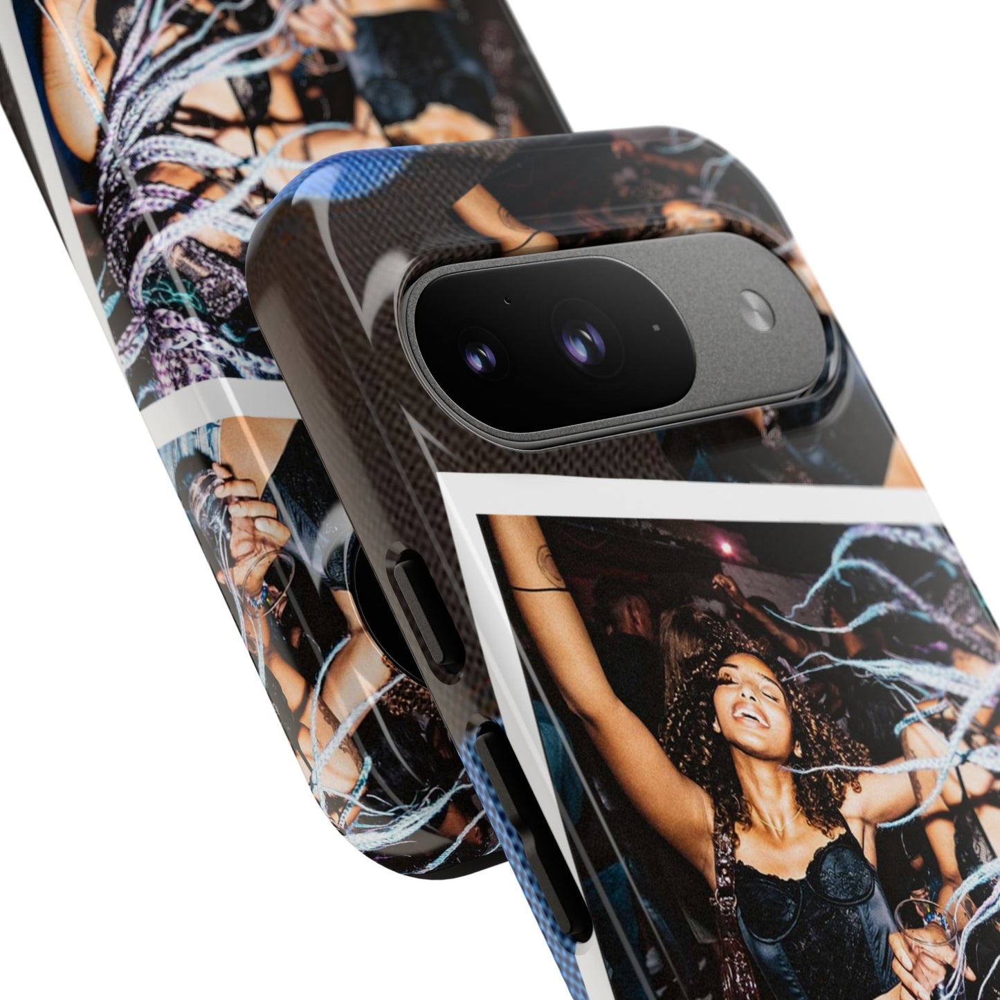 Two Image Personalised Polaroid Photo on Blue Polka Dot Protective Tough Case for Apple iPhone, Samsung Galaxy and Google Pixel.