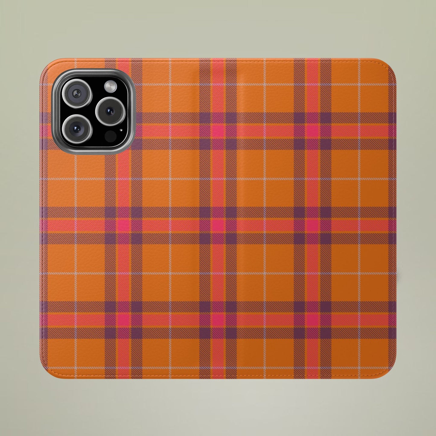 Tartan Flip Phone Case — Orange, Purple & Red Plaid Wallet Cover