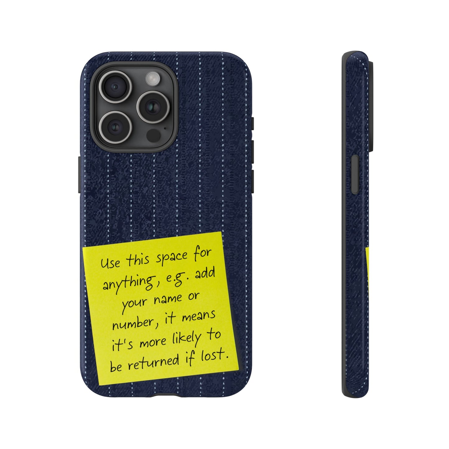 Navy Pinstripe Design with Yellow Sticky Note Personalised Tough Phone Case for Apple iPhone, Samsung Galaxy and Google Pixel.