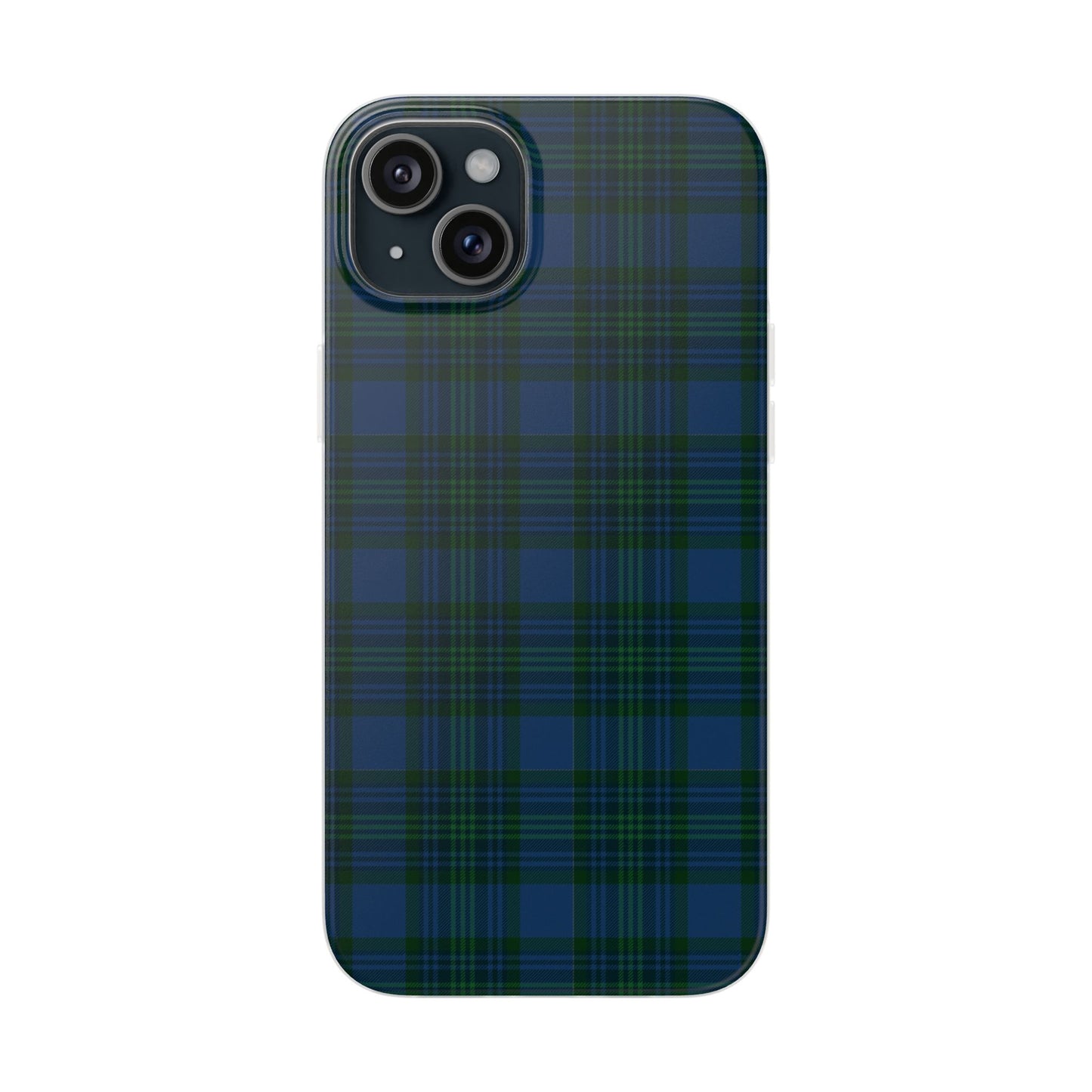 Navy green tartan phone case with flexible plaid design, slim shock-absorbing TPU, semi-transparent matte finish
