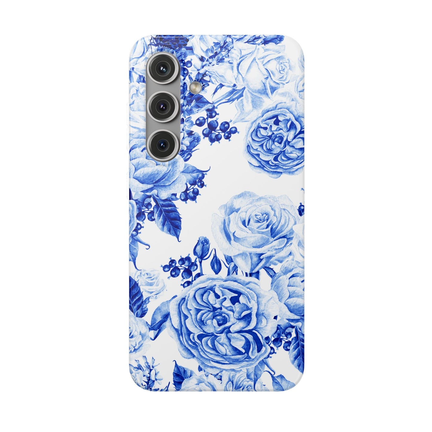 Blue Floral Phone Case — Hand-Painted Rose Pattern Flexi Case for Apple iPhone, Samsung Galaxy and Google Pixel.