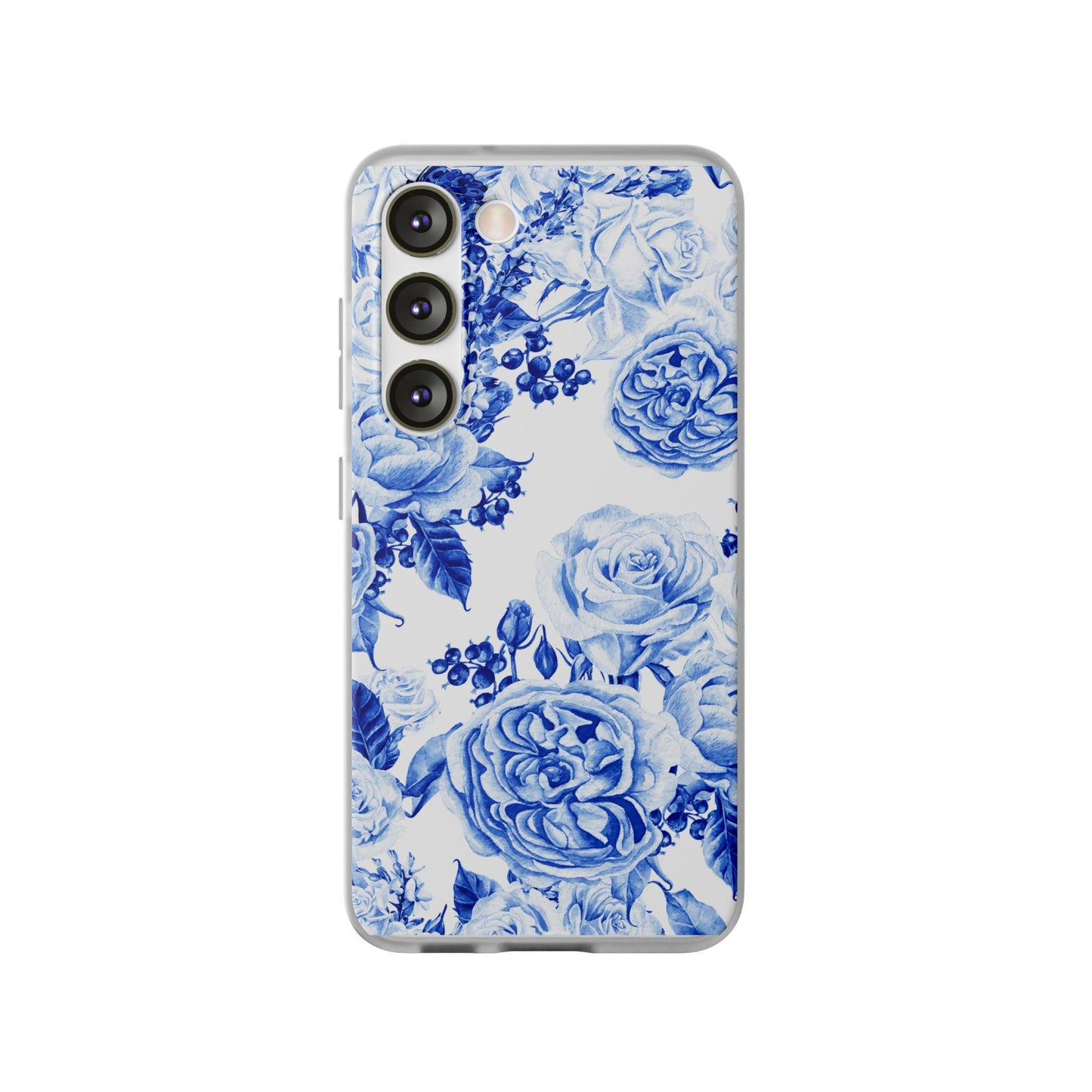 Blue Floral Phone Case — Hand-Painted Rose Pattern Flexi Case for Apple iPhone, Samsung Galaxy and Google Pixel.