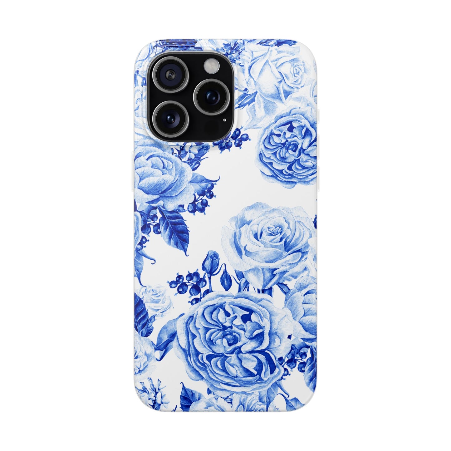 Blue Floral Phone Case — Hand-Painted Rose Pattern Flexi Case for Apple iPhone, Samsung Galaxy and Google Pixel.