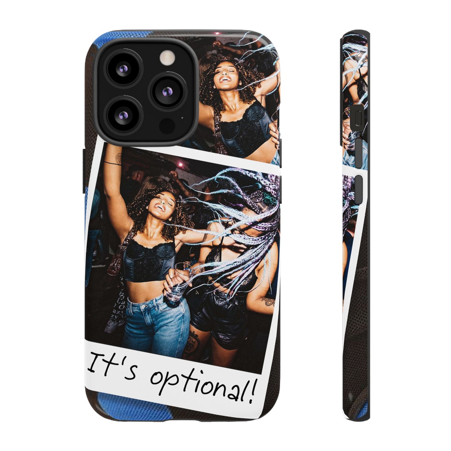 Two Image Personalised Polaroid Photo on Blue Polka Dot Protective Tough Case for Apple iPhone, Samsung Galaxy and Google Pixel.