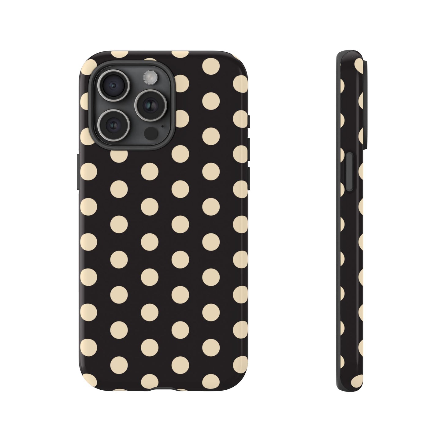 Polka Dot Tough Phone Case — Black with Cream Dots, Protective Slim Phone Cover