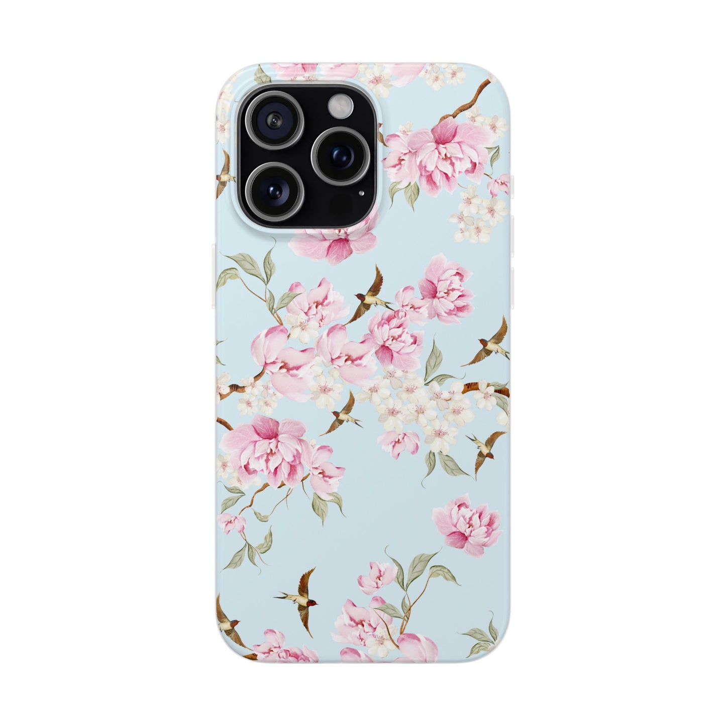 Floral Cherry Blossom Flexi Phone Case - Pink Blossoms on Sky Blue Flexible Case for Apple iPhone, Samsung Galaxy.