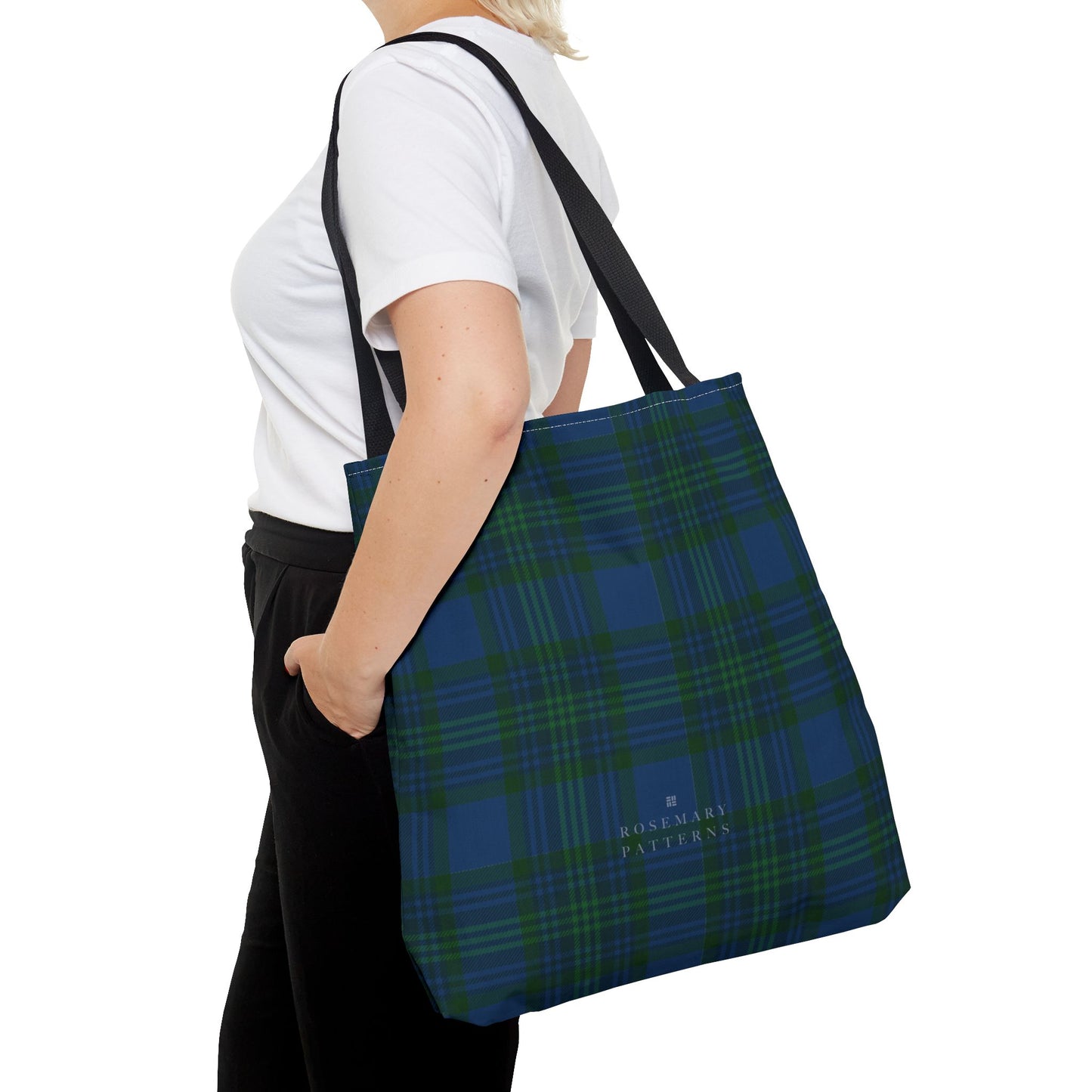 Tartan plaid tote bag in blue and green, eco friendly reusable market tote with Scottish pattern, cotton handles