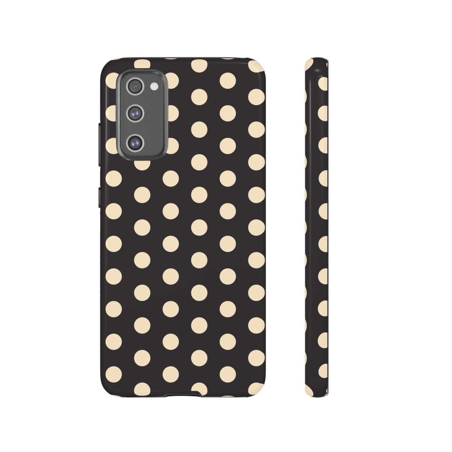 Polka Dot Tough Phone Case — Black with Cream Dots, Protective Slim Phone Cover