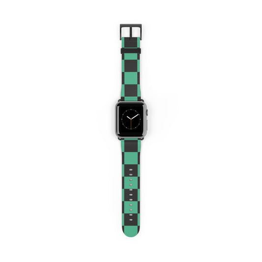 Tanjiro Apple Watch band with black and green chequered pattern, luxury faux-leather strap, fashion accessory