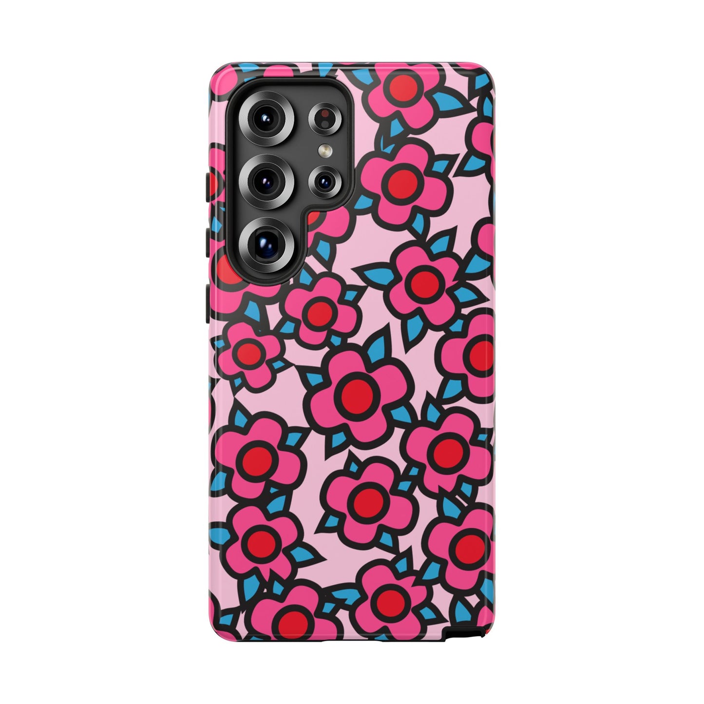 Floral Pink Tough Phone Case — Retro Red & Teal Flower Pattern
