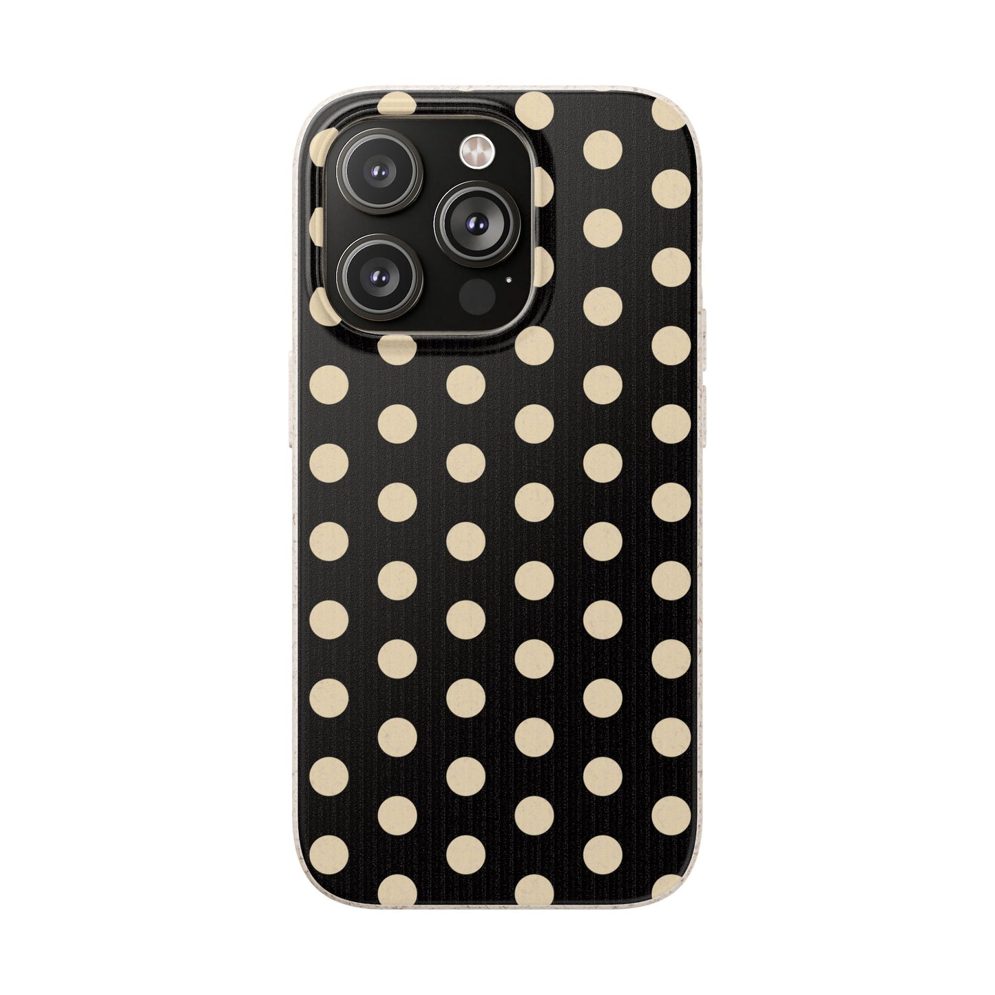 Eco-Friendly Black & Cream Polka Dot Pattern Biodegradable Phone Case for Apple iPhone and Samsung Galaxy.