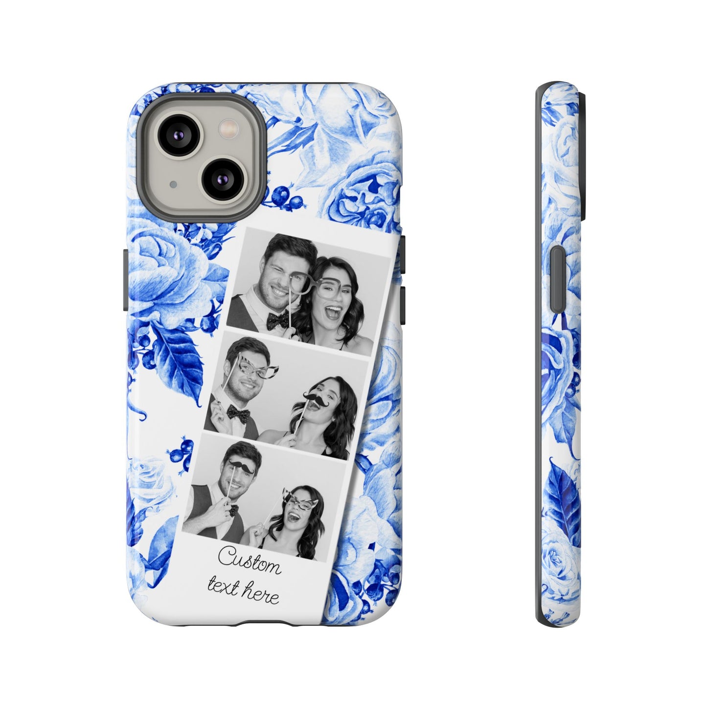 Three Photo Personalised Blue Floral Image Strip Custom Phone Case
