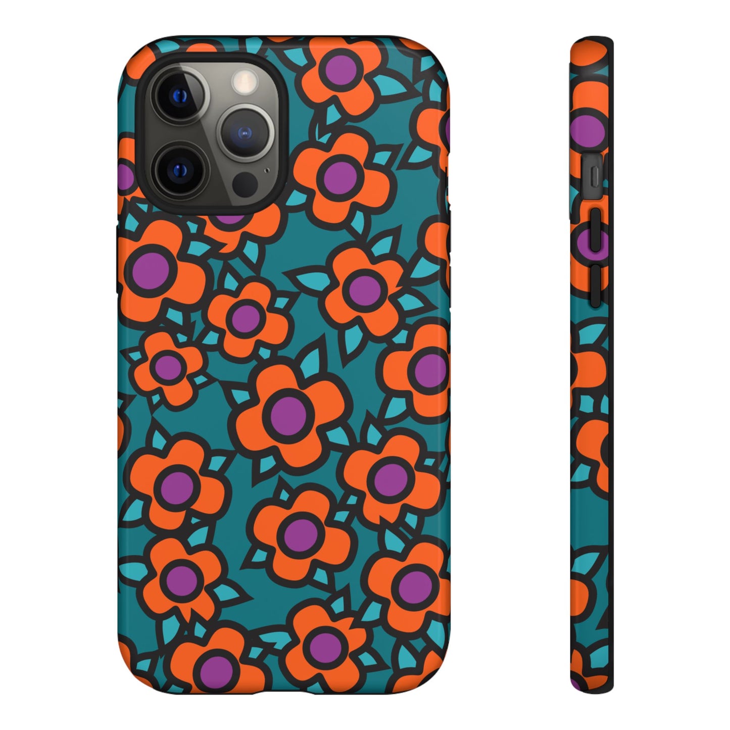 Floral Pop Tough Phone Case — Retro Orange & Teal Flower Pattern