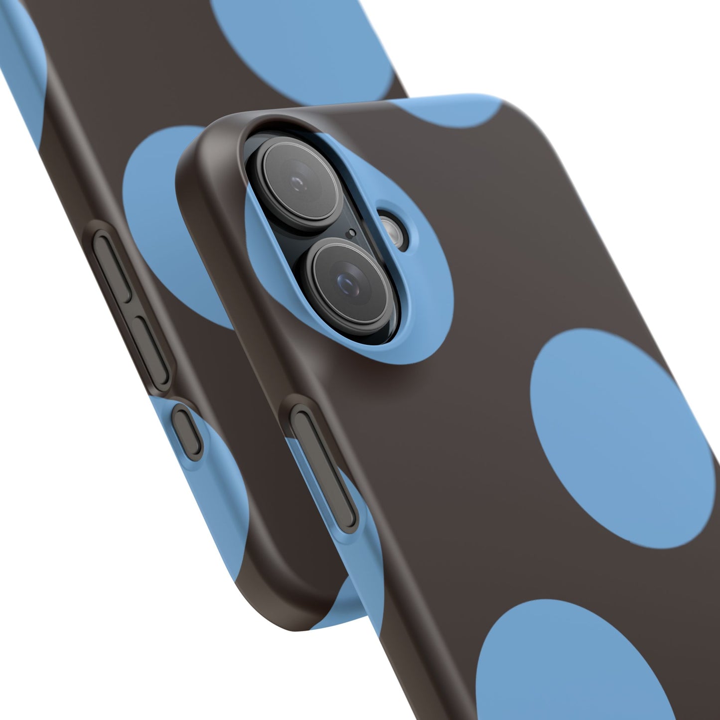 Matte Black with Large Sky Blue Polka Dots Slim Phone Case for Apple iPhone, Samsung Galaxy and Google Pixel.