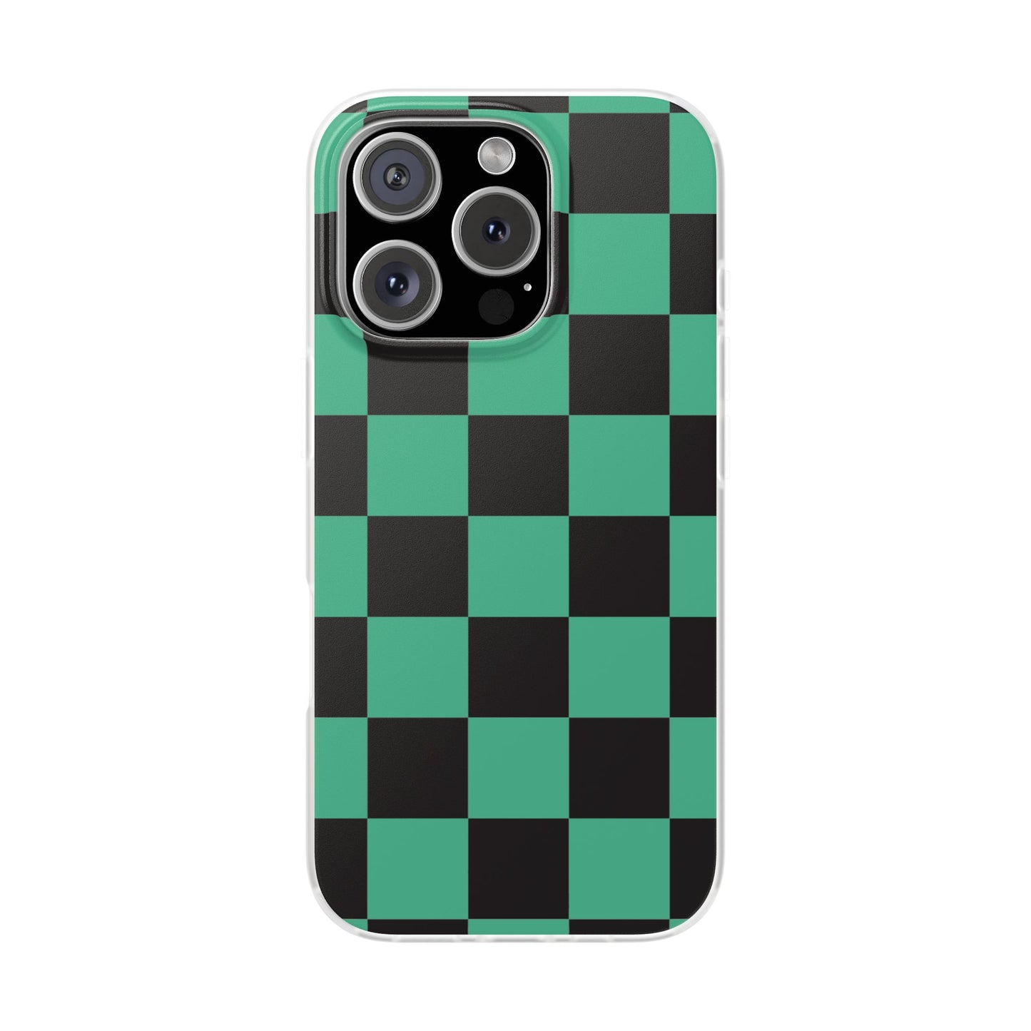 Tanjiro Checkerboard Green and Black Flexi Phone Case for Apple iPhone and Samsung Galaxy.