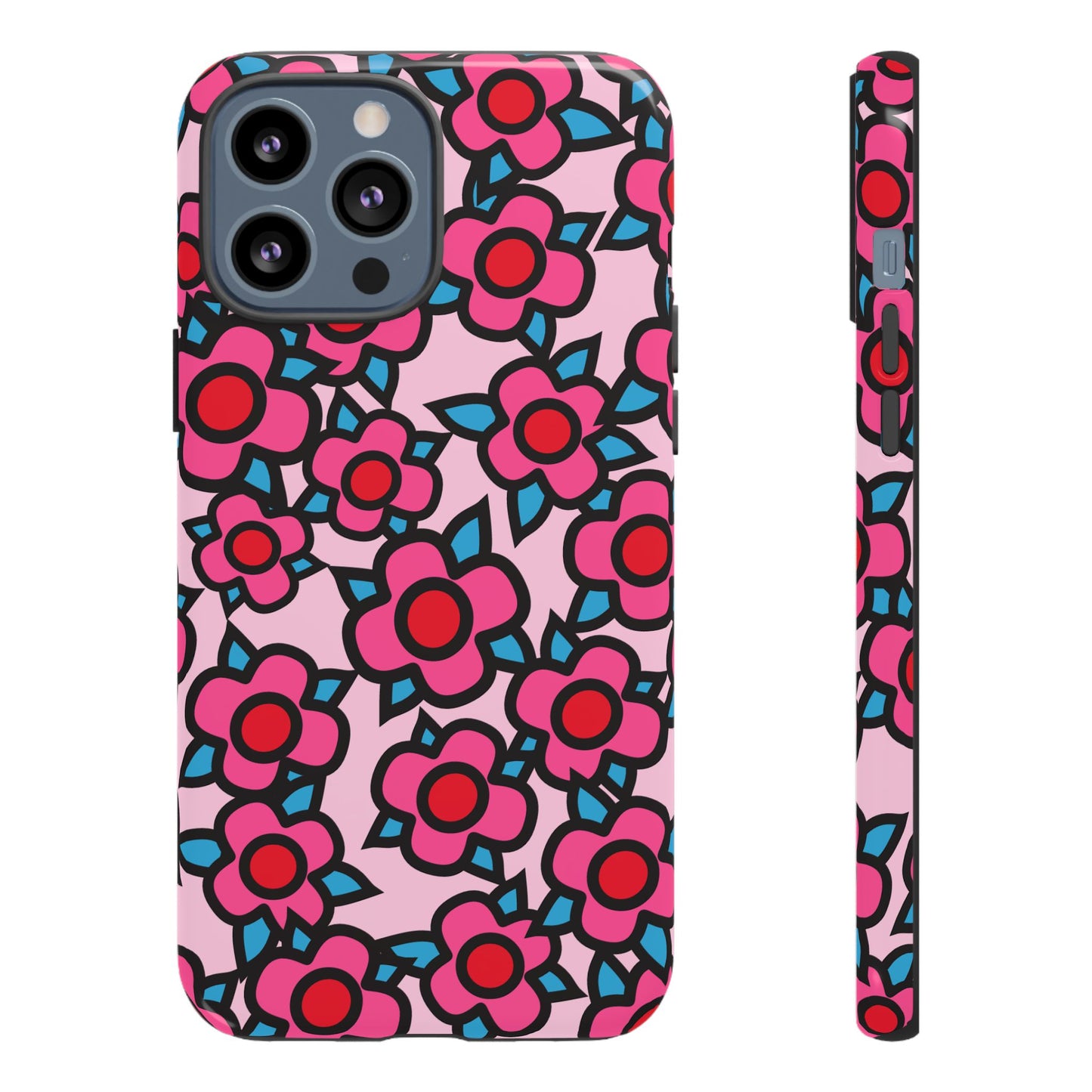 Floral Pink Tough Phone Case — Retro Red & Teal Flower Pattern