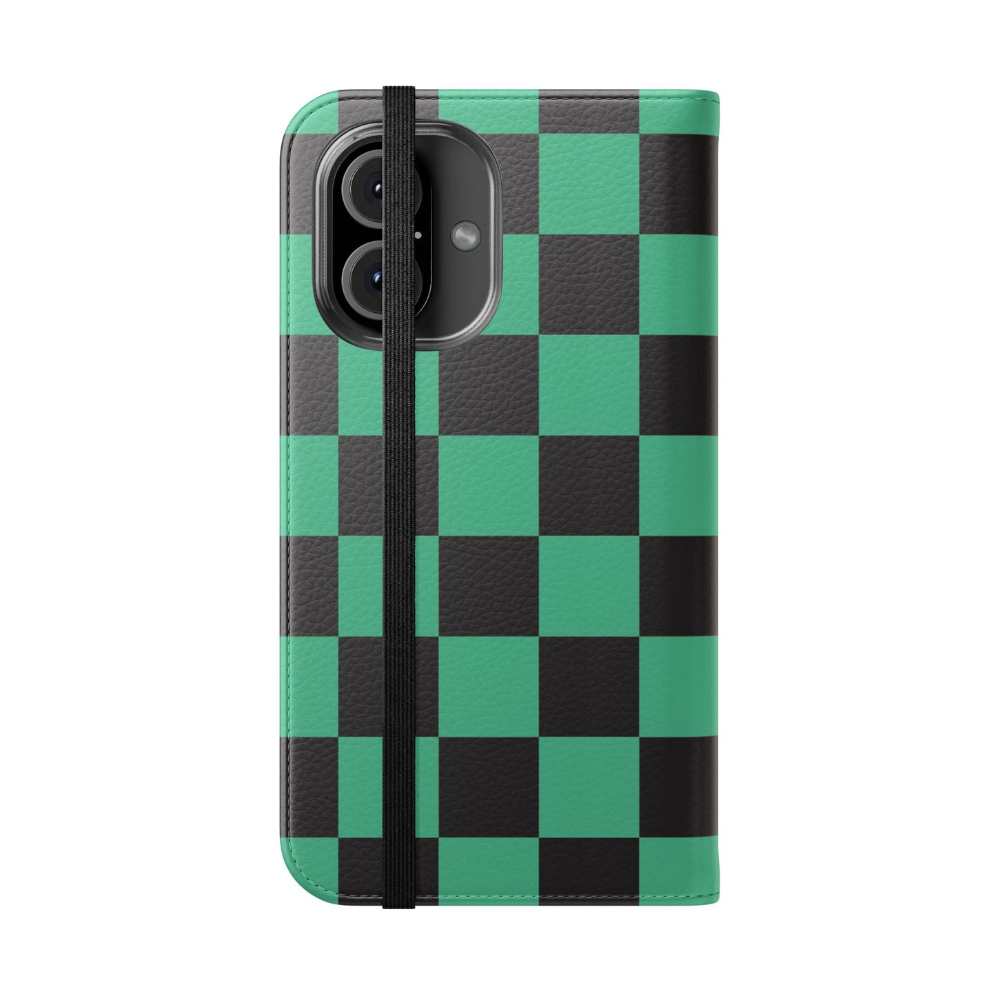 Tanjiro Chequered Flip Phone Case — Black and Green Chequered Wallet Cover