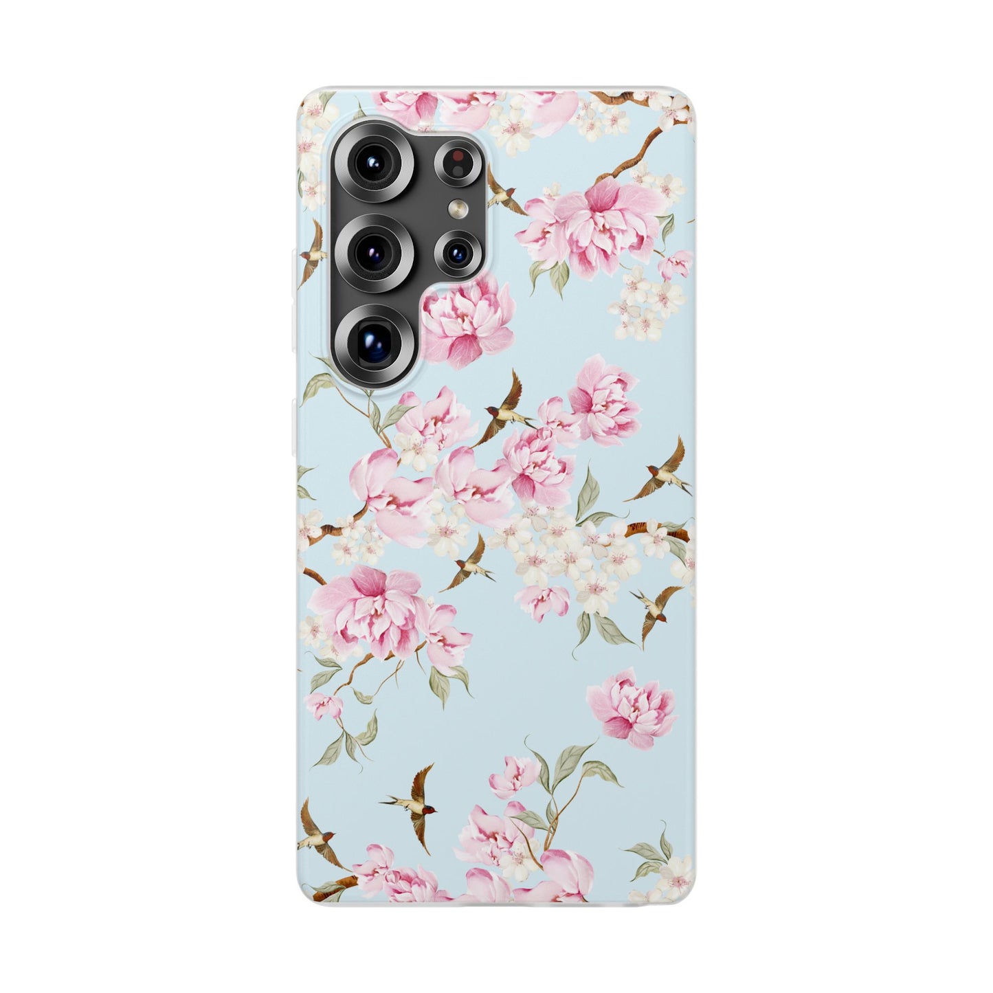 Floral Cherry Blossom Flexi Phone Case - Pink Blossoms on Sky Blue Flexible Case for Apple iPhone, Samsung Galaxy.