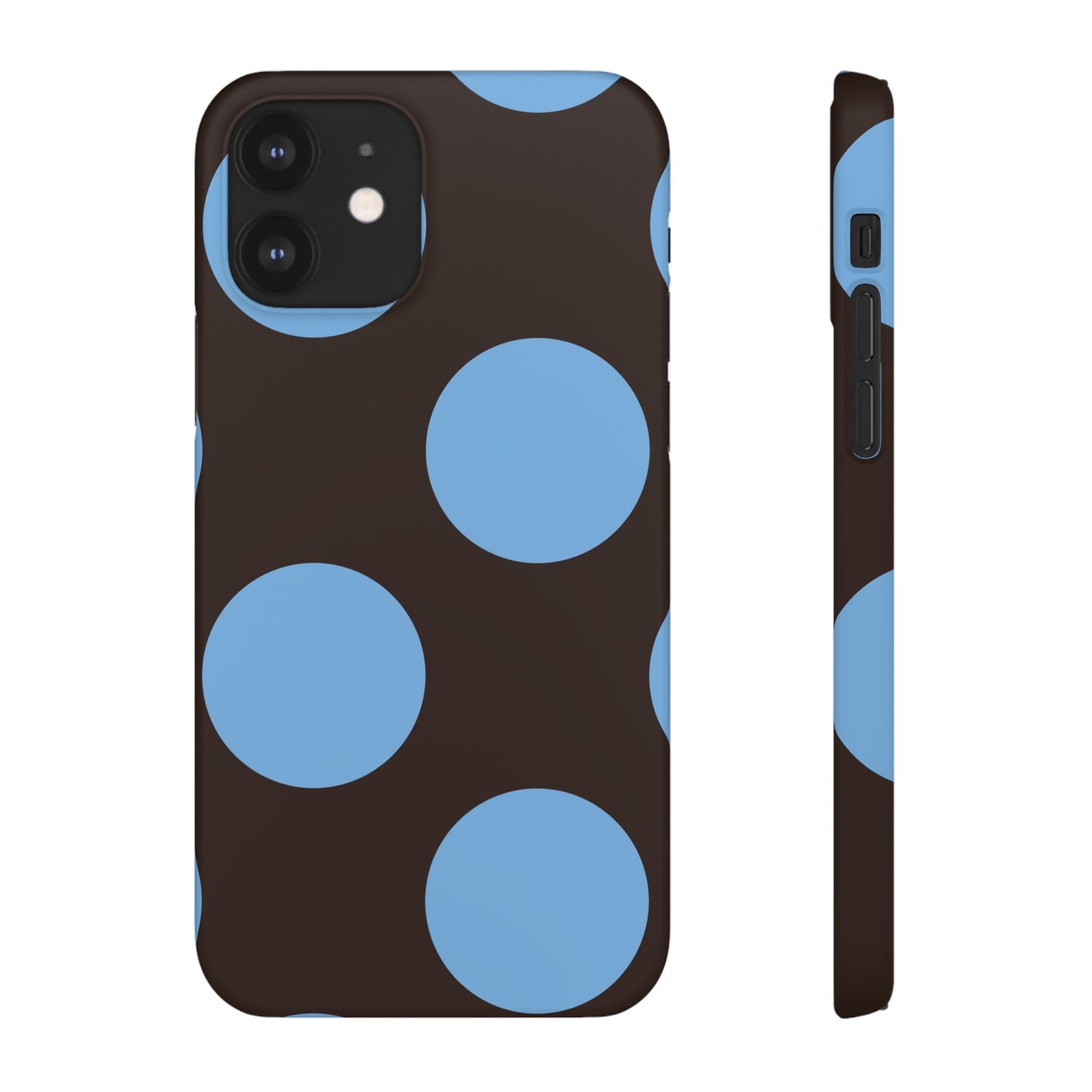 Matte Black with Large Sky Blue Polka Dots Slim Phone Case for Apple iPhone, Samsung Galaxy and Google Pixel.