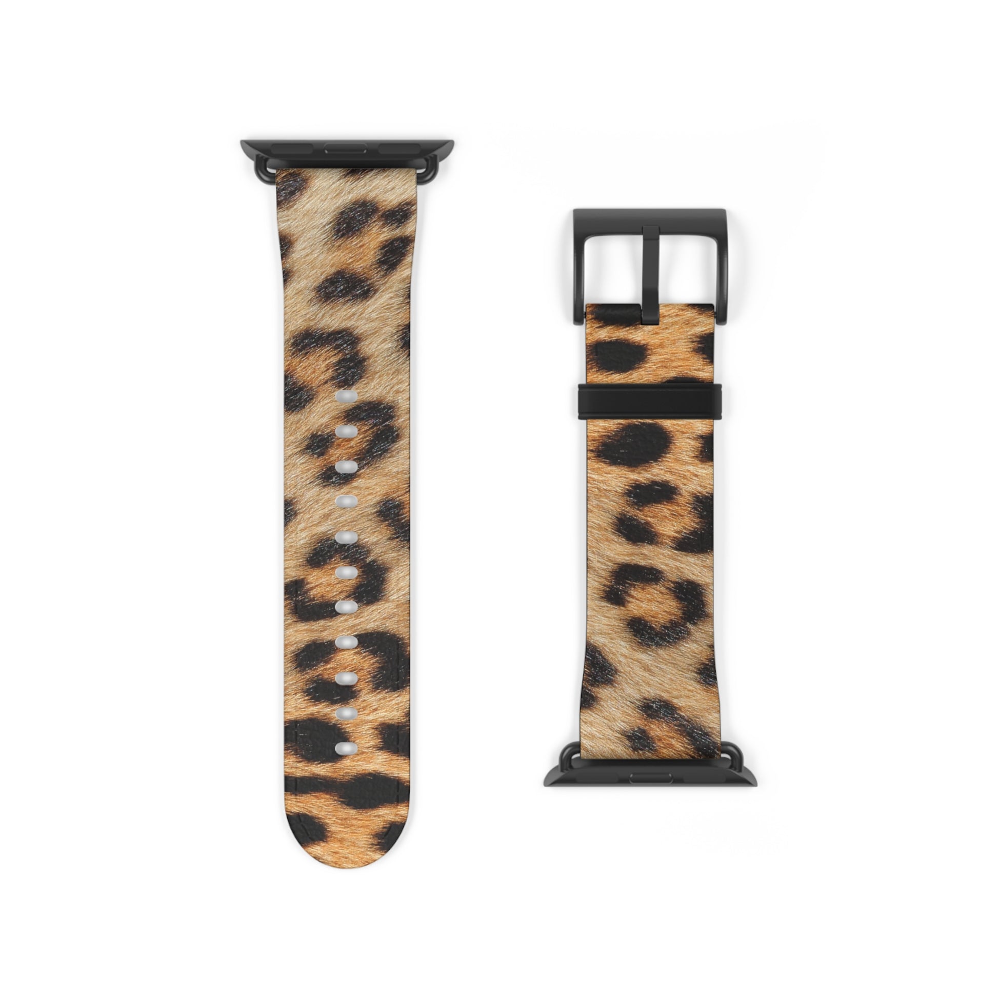 Leopard fur Apple Watch band in faux leather, big cat pattern, stylish gift for her, stainless steel buckle