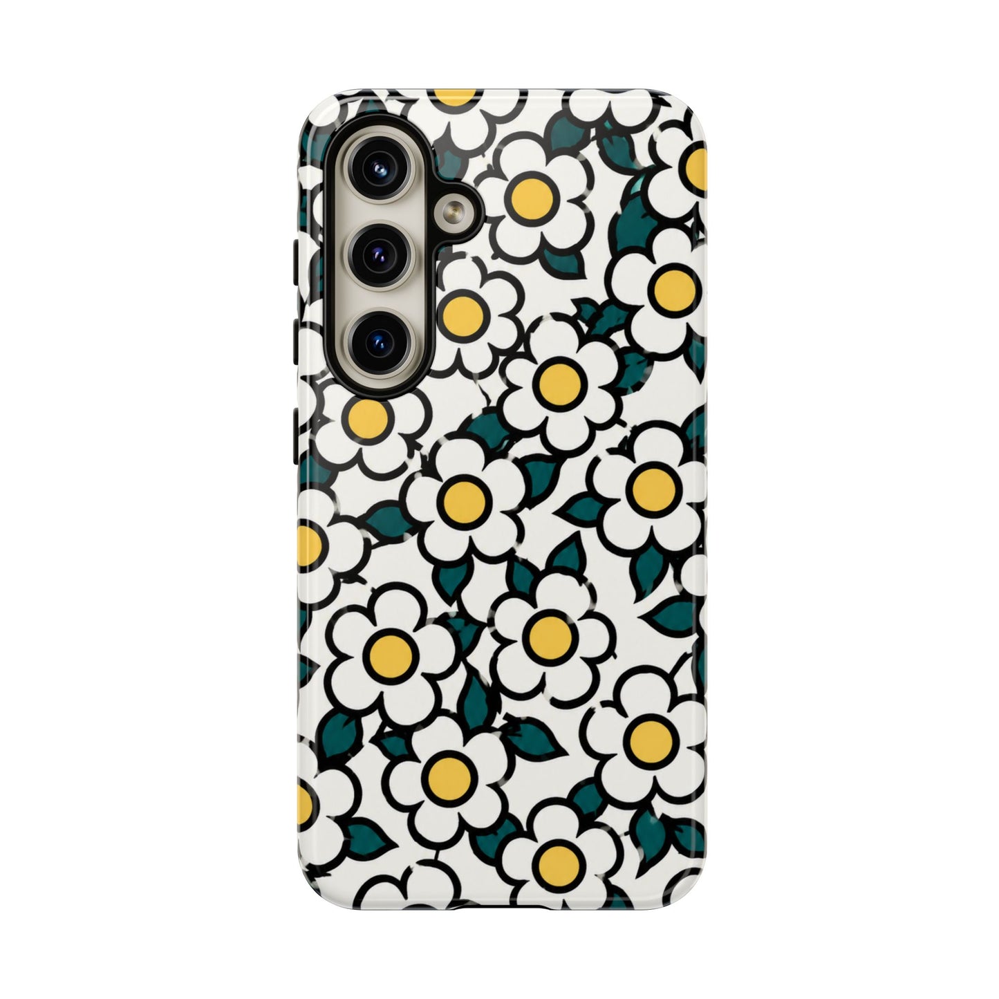 Floral Daisy Tough Phone Case — Retro White & Yellow Protective Cover