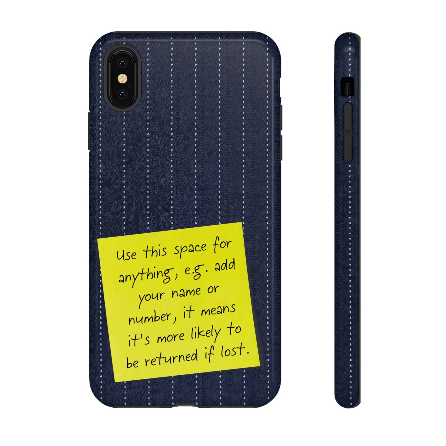 Navy Pinstripe Design with Yellow Sticky Note Personalised Tough Phone Case for Apple iPhone, Samsung Galaxy and Google Pixel.