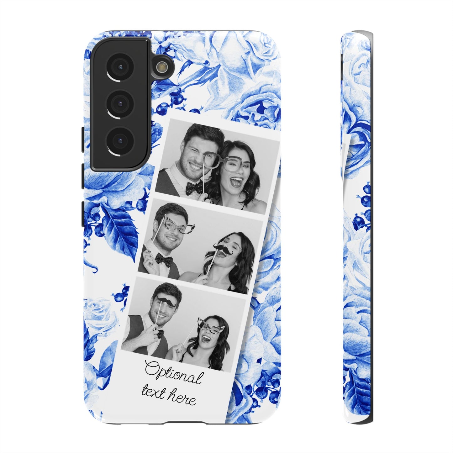 Three Photo Personalised Blue Floral Image Strip Custom Phone Case